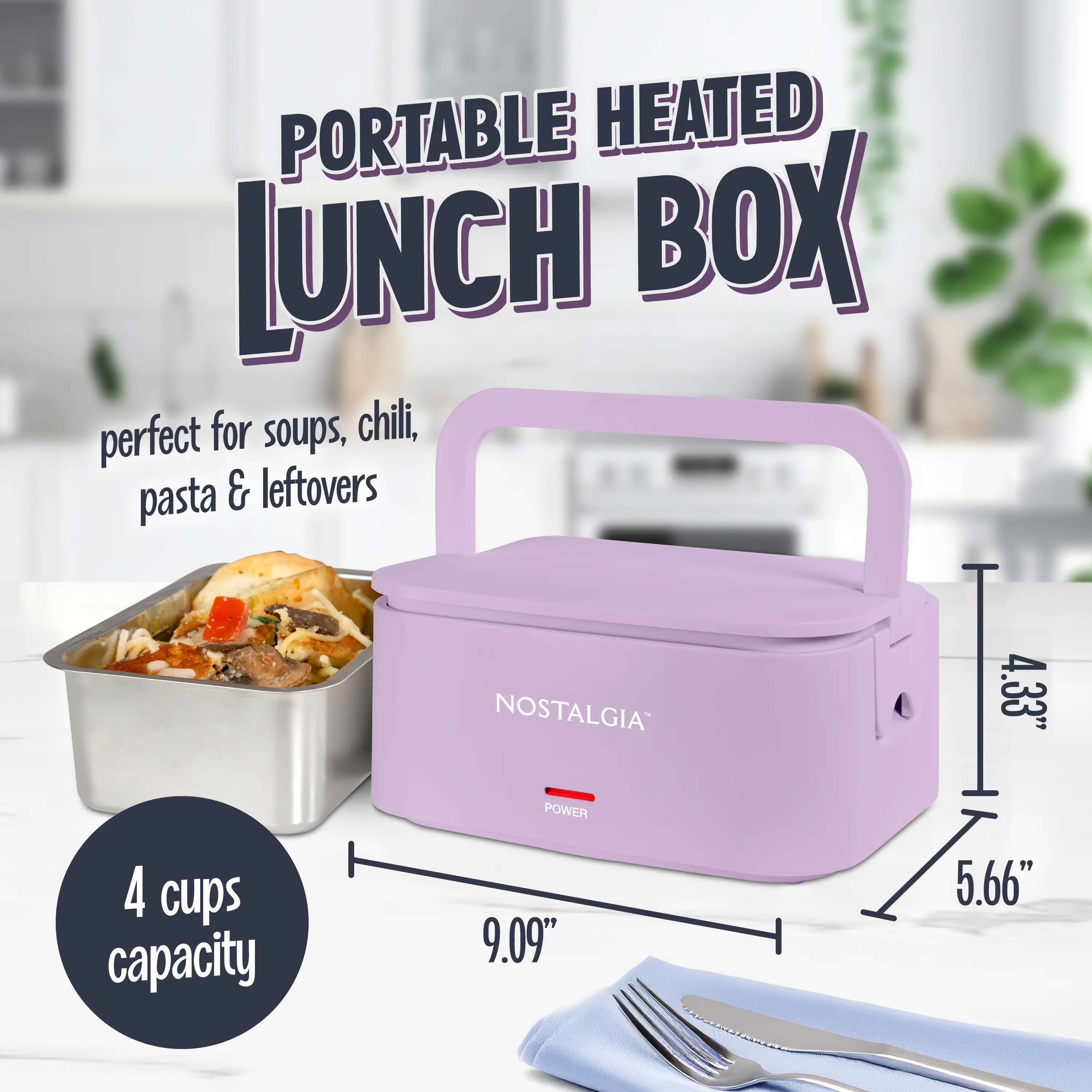 PORTABLE HEATED LUNCH BOX  
perfect for soups, chili, pasta & leftovers  
NOSTALGIA  
4 cups capacity  
4.33" x 9.09" x 5.66"