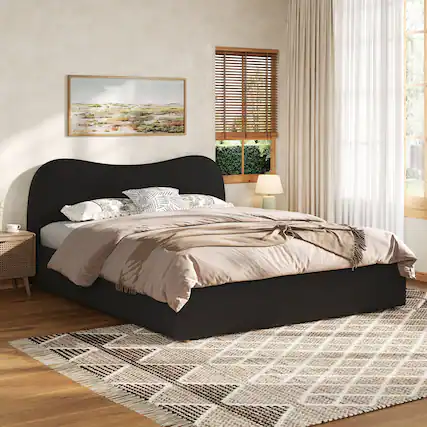 Front. Whisen - King Size Upholstered Platform Bed Frame with Curved Headboard, Bouclé Fabric Bed for Modern Bedroom - Black.