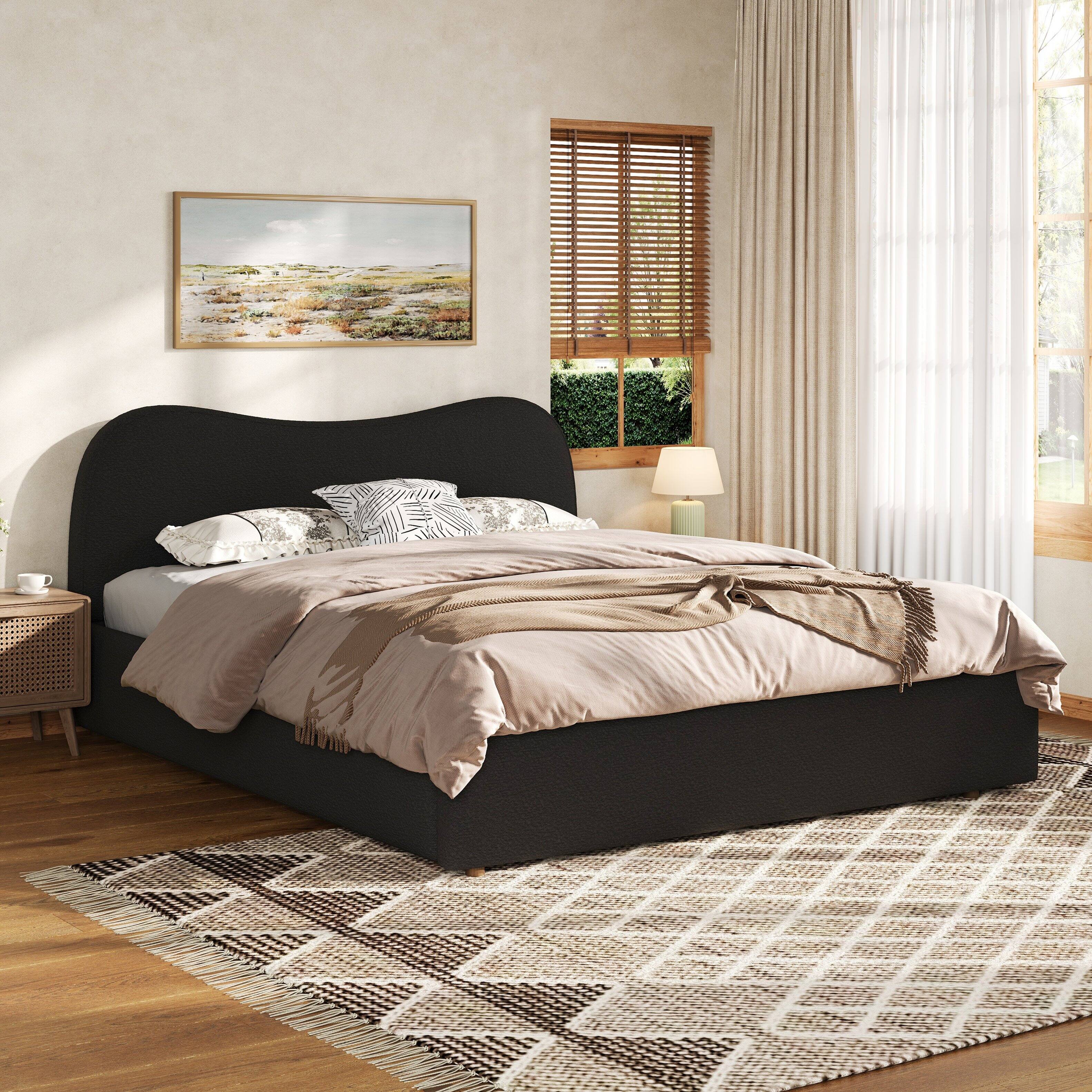 Front. Whisen - King Size Upholstered Platform Bed Frame with Curved Headboard, Bouclé Fabric Bed for Modern Bedroom - Black.
