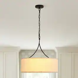 Loheer - Three Light Fabric Drum Pendant Light Matte Black Adjustable Dining Room Chandelier