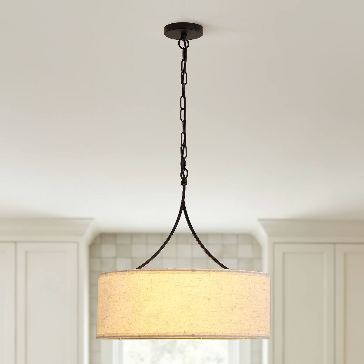 Front. Loheer - Loheer Three Light Fabric Drum Pendant Light Matte Black Adjustable Dining Room Chandelier.