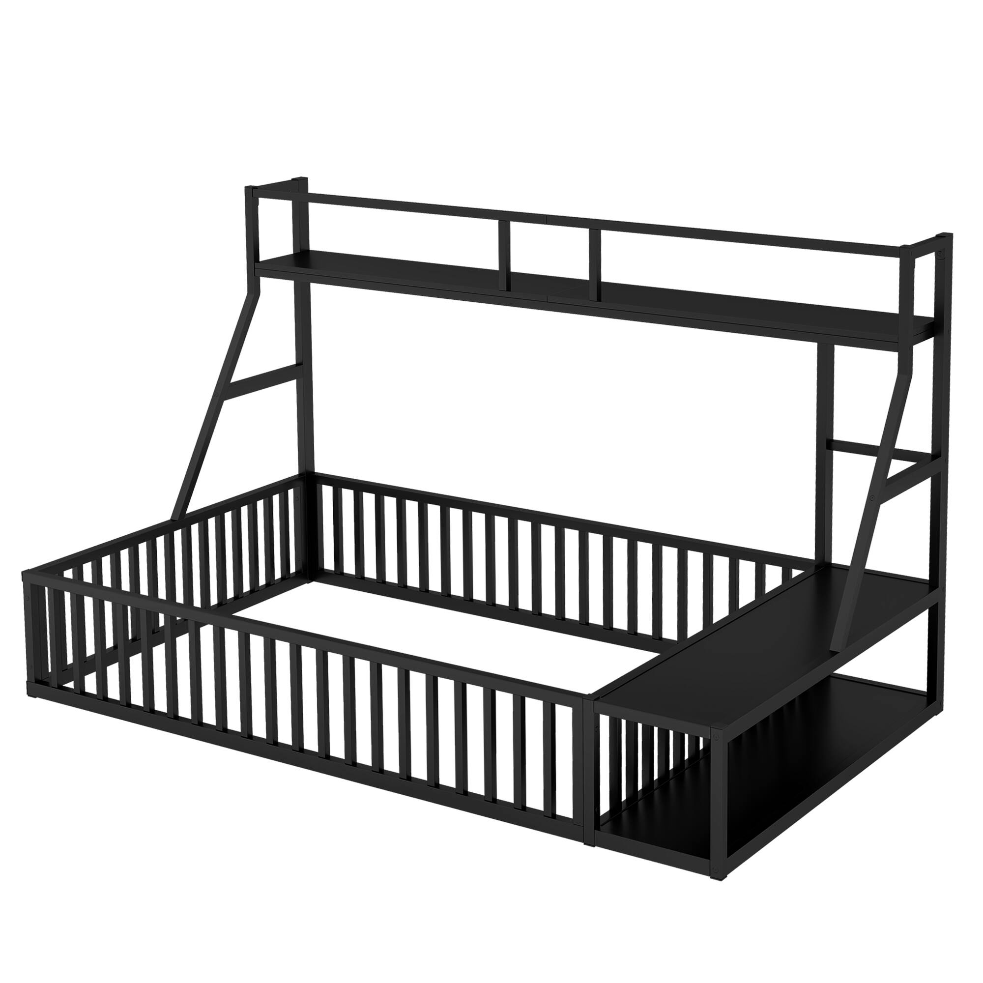 Alt View 5. Tiramisubest - Full Size Floor Bed Frame with Safety Fence, Metal Floor Bed with Desk and Storage Shelves, Playhouse for Kids, Black - Black.