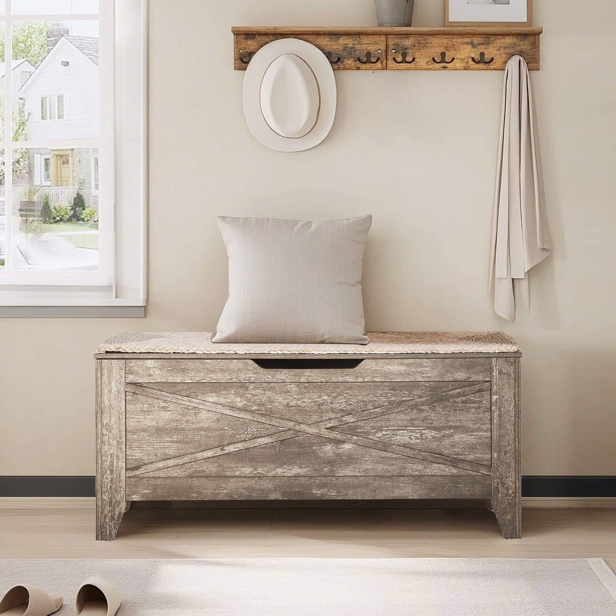 Alt View 3. Vecelo - 43.3" Wood Storage Chest with Safety Hinge, Entryway Storage Bench Trunk with Lid - Natural wood.