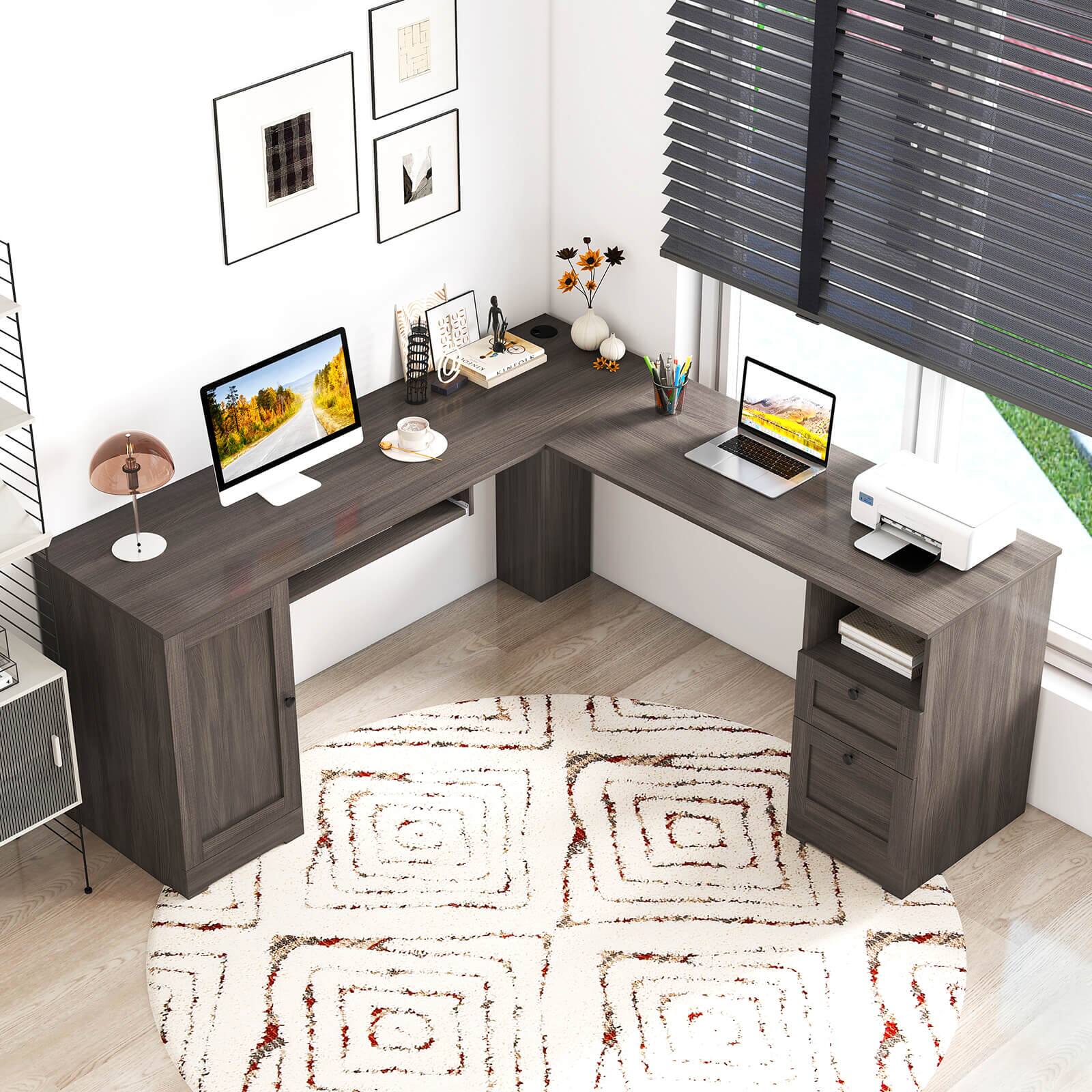 Alt View 1. Costway - Costway L-Shaped Corner Computer Desk Writing Table Study Workstation w/ Drawers - Gray.