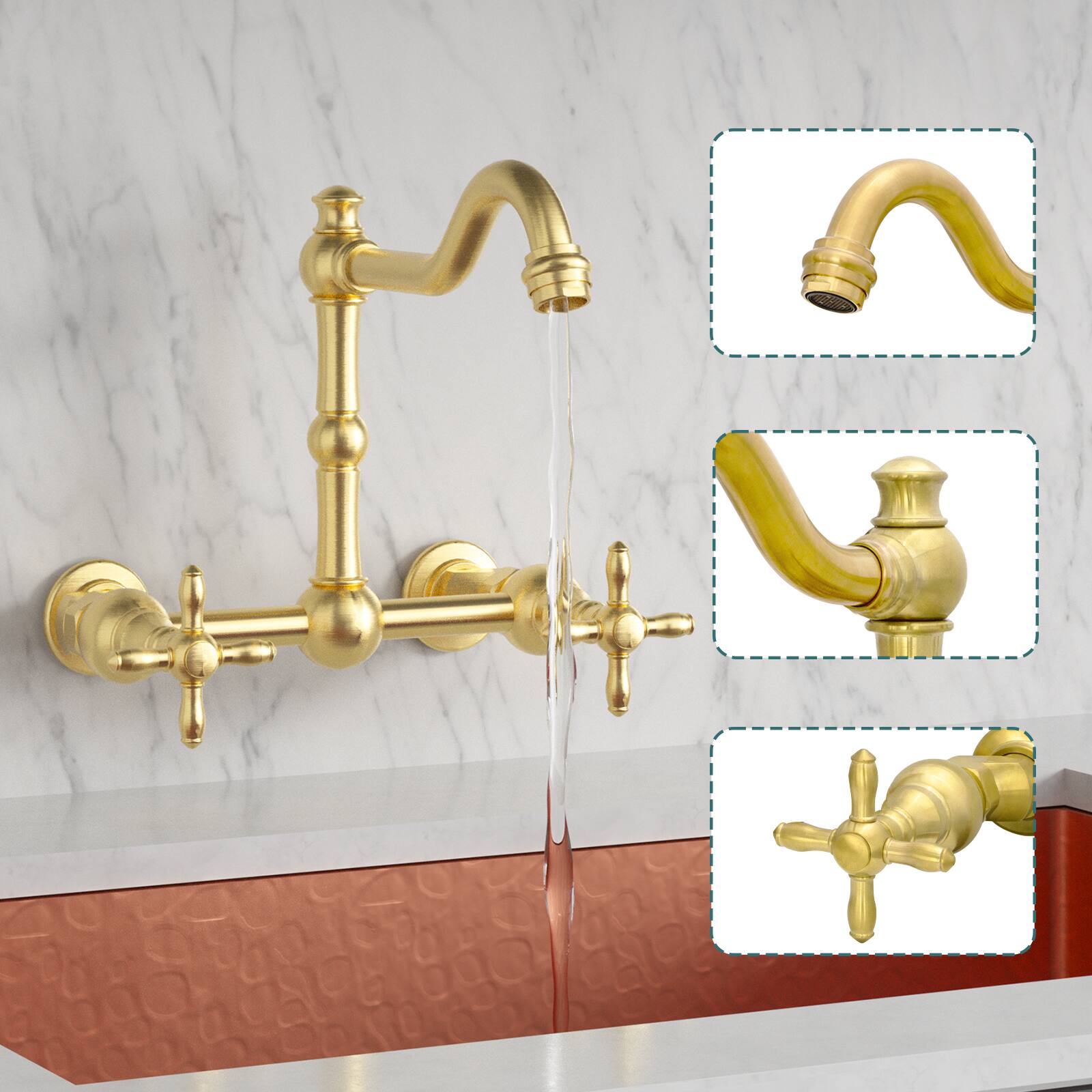 Alt View 2. Akicon - Akicon 8 inch Solid Brass Wall Mount Kitchen Faucet with 2 Handles Dual Lever Hot and Cold in Brass Gold - Brushed Gold.