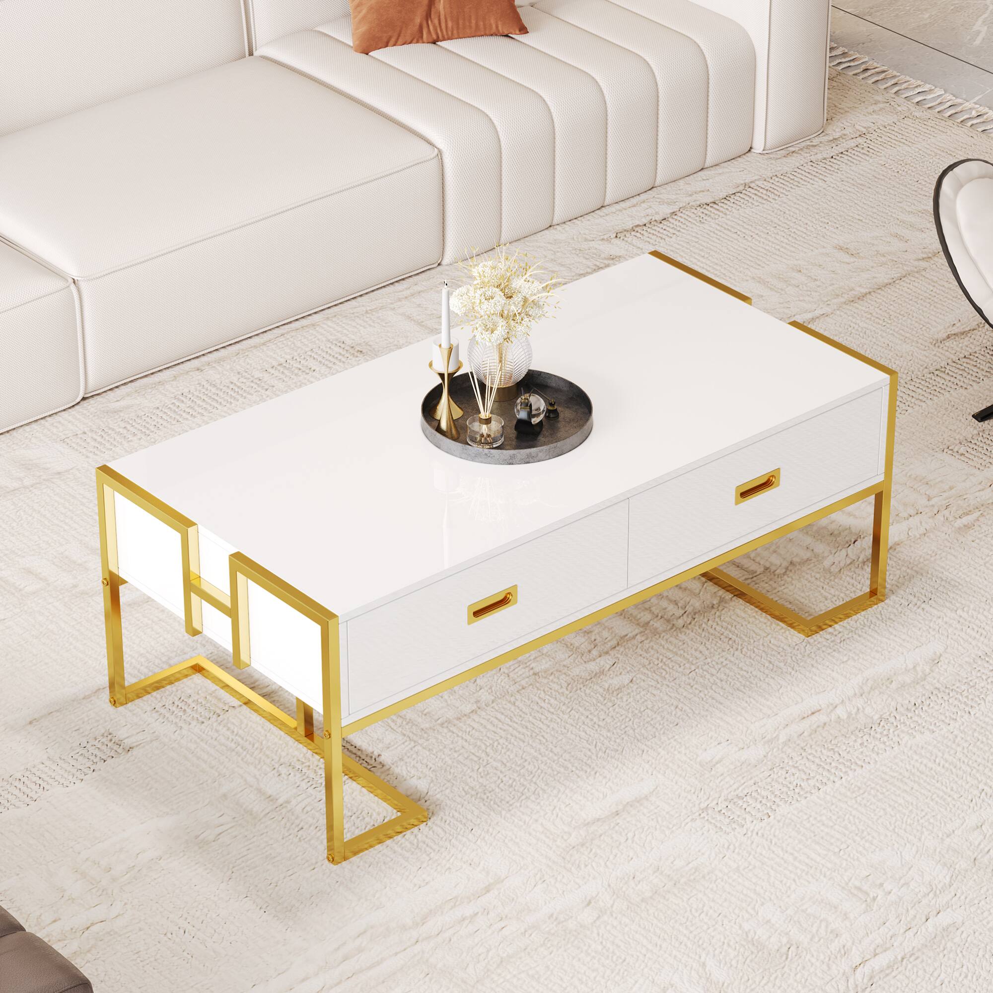 Back. GOODSILO - Modern Rectangular Coffee Table with Drawers and Metallic Base - White+Gold.