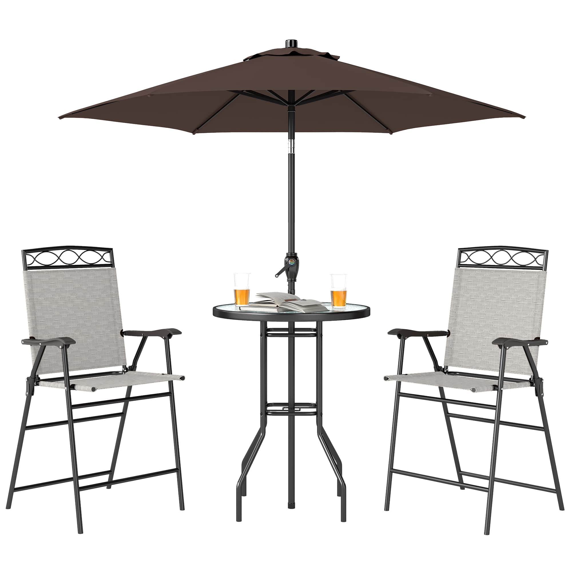Outsunny - Piece Outdoor Bar Set with Umbrella, Patio Dining Set with 2 Folding Chairs - Beige