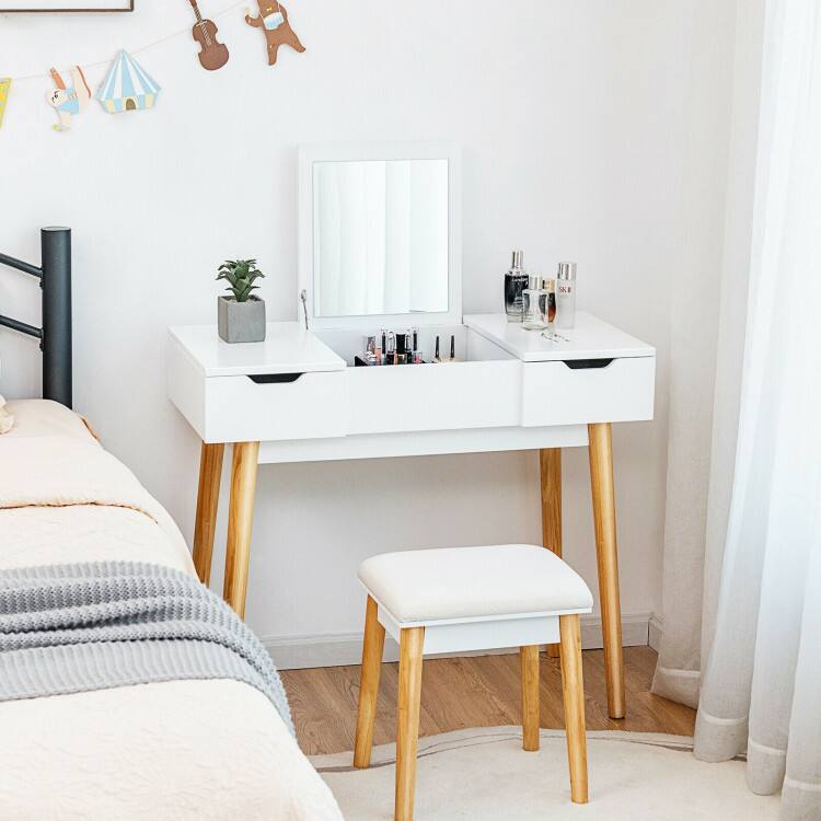 Left. SlickBlue - Vanity Desk with Flip Top Mirror and 2 Drawers for Bedroom Makeup - White.