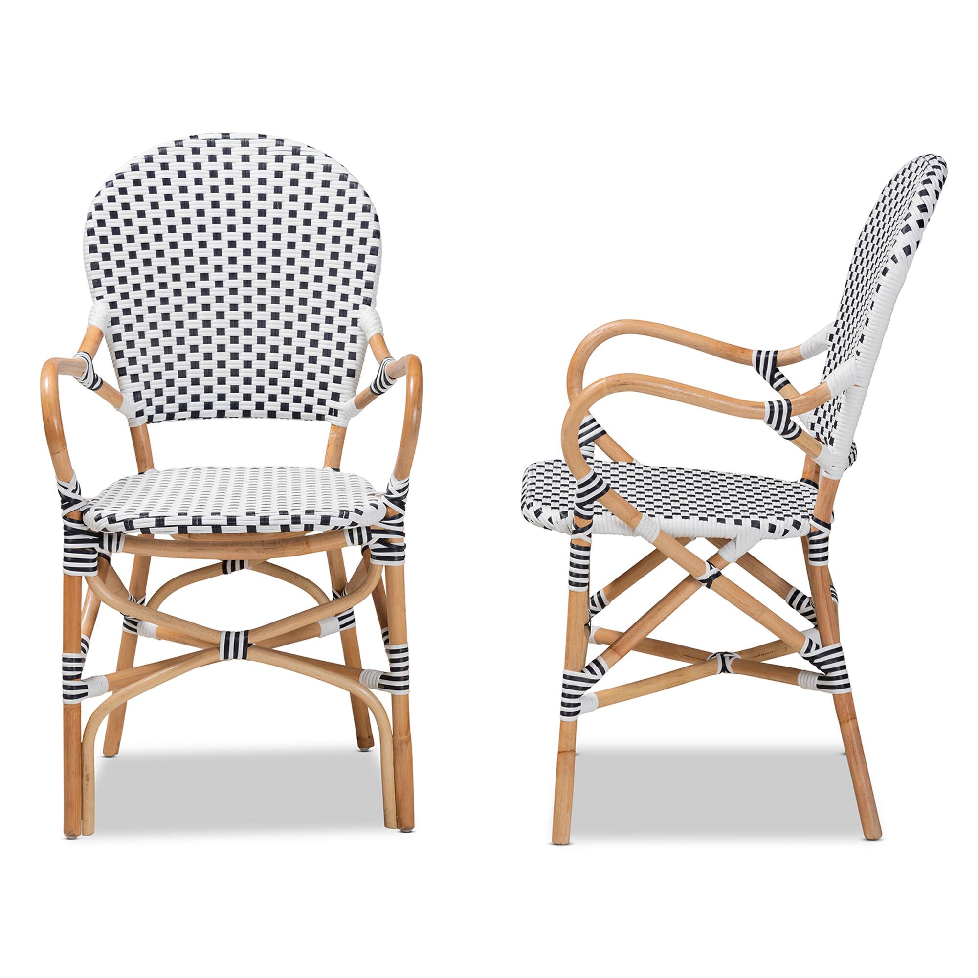 Left. bali & pari - Naila French and Weaving and Rattan 2-Piece Indoor and Outdoor Bistro Chair Set - Black/White/Brown.
