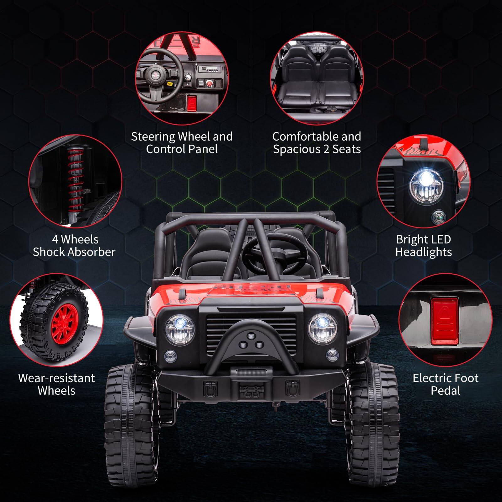 - Steering Wheel and Control Panel
- Comfortable and Spacious 2 Seats
- 4 Wheels Shock Absorber
- Bright LED Headlights
- Wear-resistant Wheels
- Electric Foot Pedal