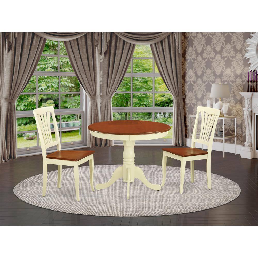 Back. East West Furniture - 3 Pc small Kitchen Table and Chairs set-small Table plus 2 Dining Chairs - Buttermilk & Cherry.