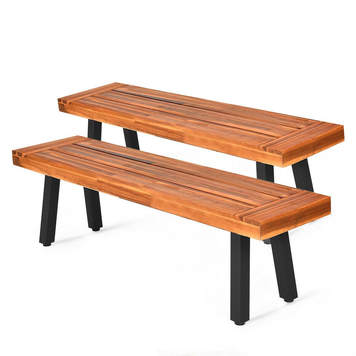 Alt View 8. Gymax - Gymax 3 PCS Picnic Dining Table Set Acacia Wood Rustic Metal w/ Umbrella Hole - Brown.