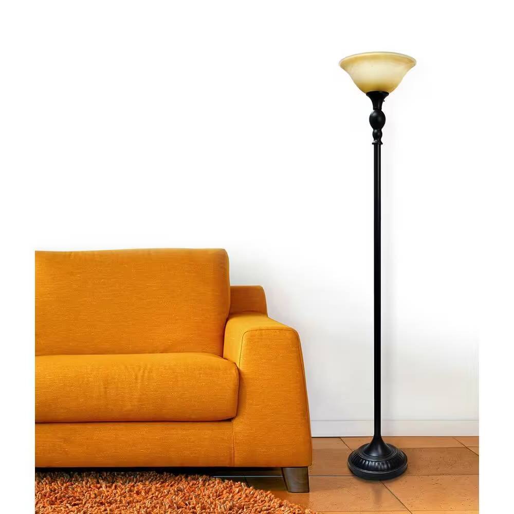 Angle. Hivvago - Bronze Finish Metal Floor Lamp Torchiere with Amber Marbleized Glass Shade - Bronze Finish.
