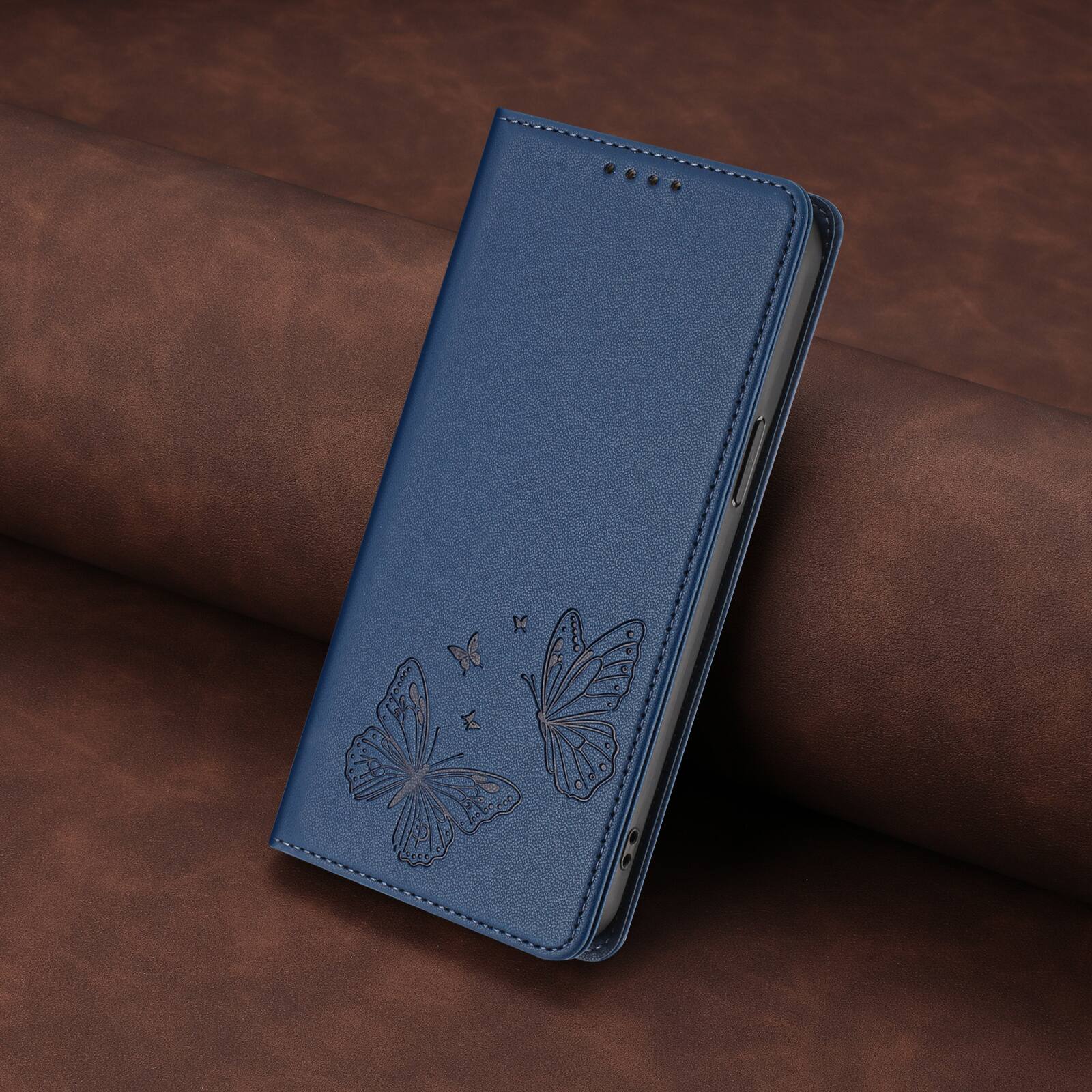 Alt View 5. Dteck - For Samsung Galaxy A37 5G Butterfly Embossed PU Leather RFID Blocking Flip Kickstand Wallet Case with Card Slots - Darkblue.