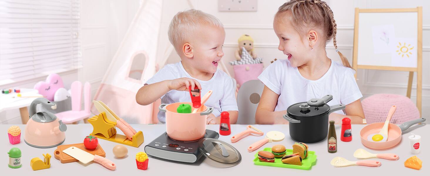 Alt View 3. CUTE STONE - CUTE STONE Play Kitchen Accessories Set, Kids Cooking Toys Set with Play Pots and Pans, Electronic Induction Cooktop wit.