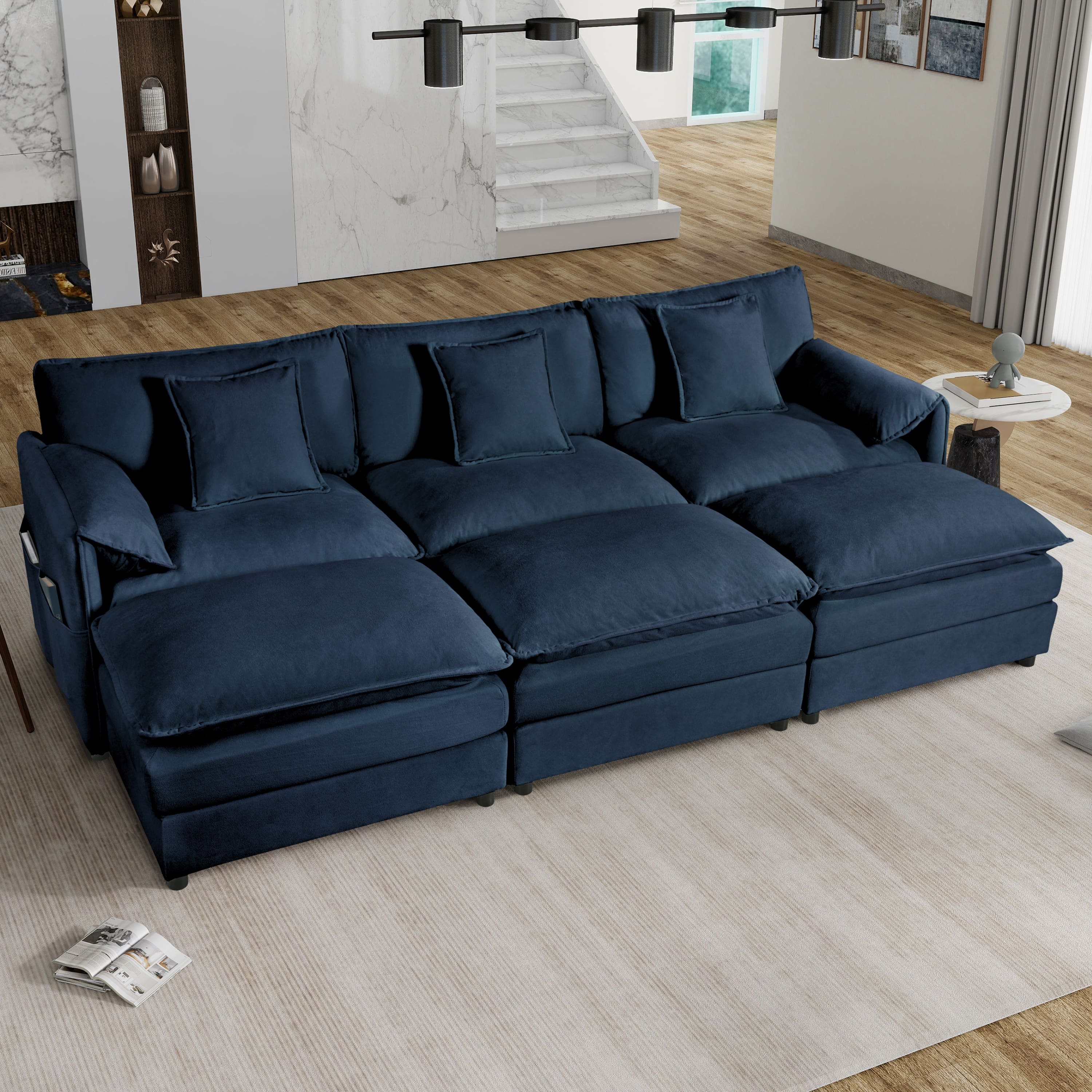 Anysun - Oversized Deep-Seat Sectional Cloud Sofa Sleeper with 3 Ottomans & Pillows - Modular Chenille Couch Bed for Living Room - Blue