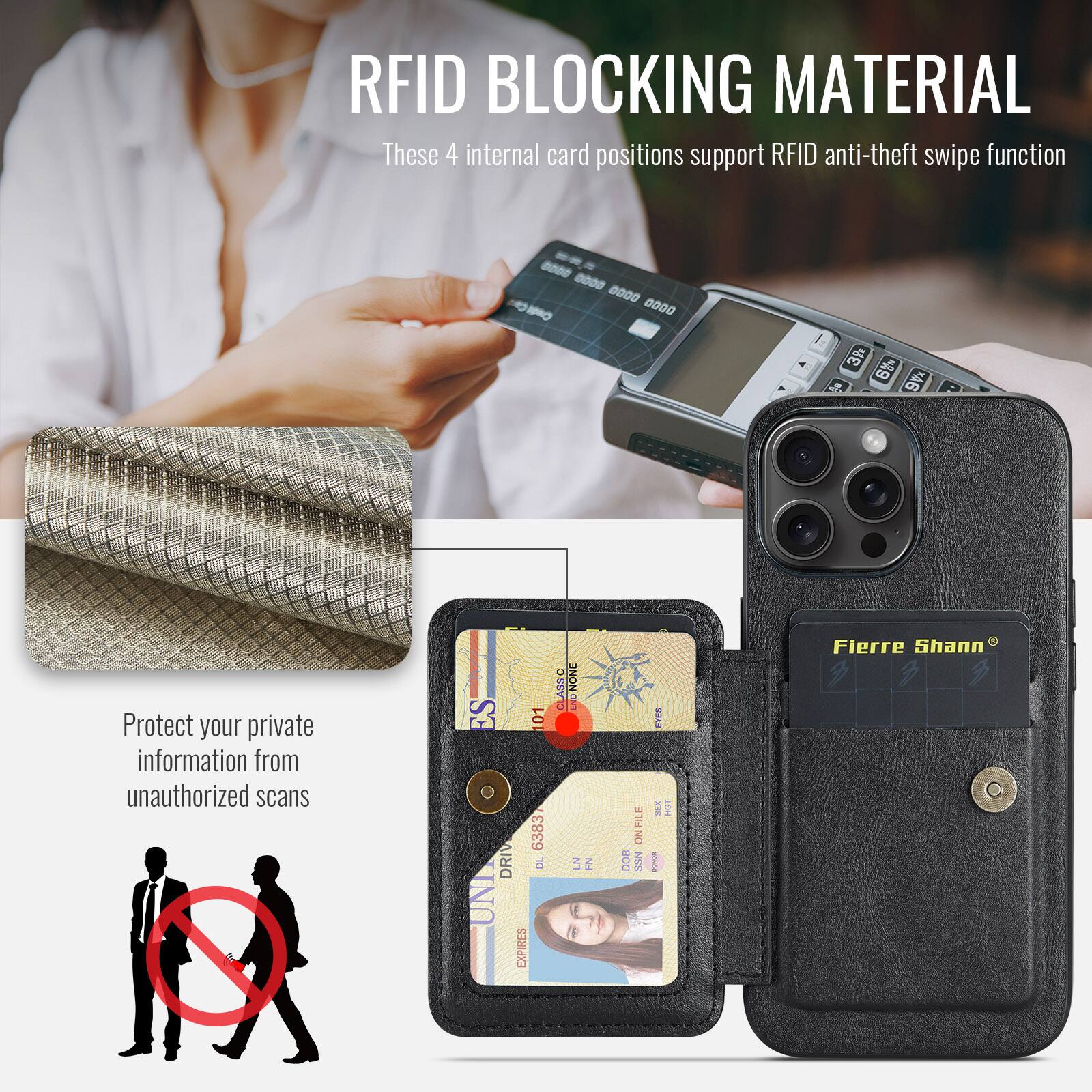 RFID BLOCKING MATERIAL

These 4 internal card positions support RFID anti-theft swipe function

Protect your private information from unauthorized scans