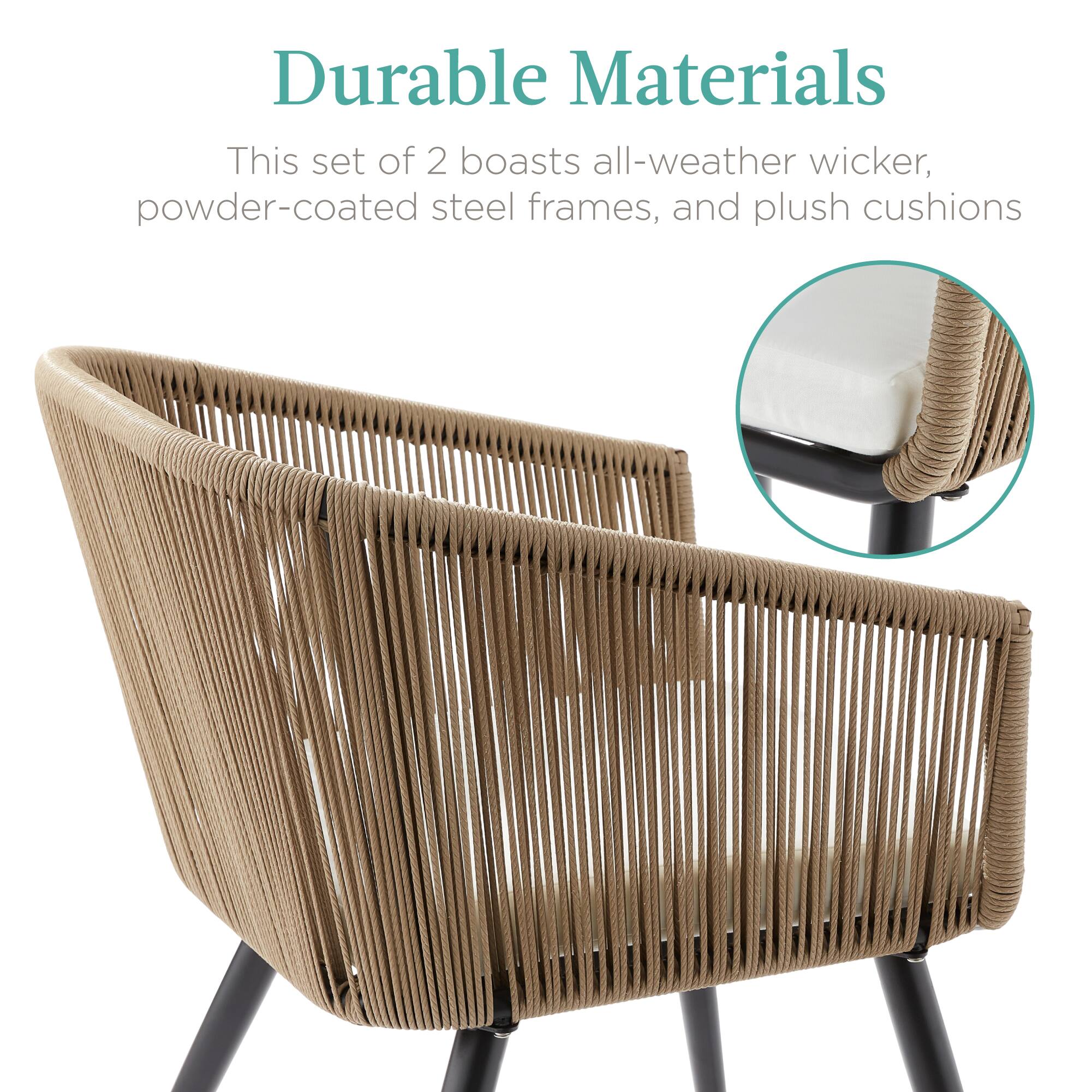 Durable Materials

This set of 2 boasts all-weather wicker, powder-coated steel frames, and plush cushions