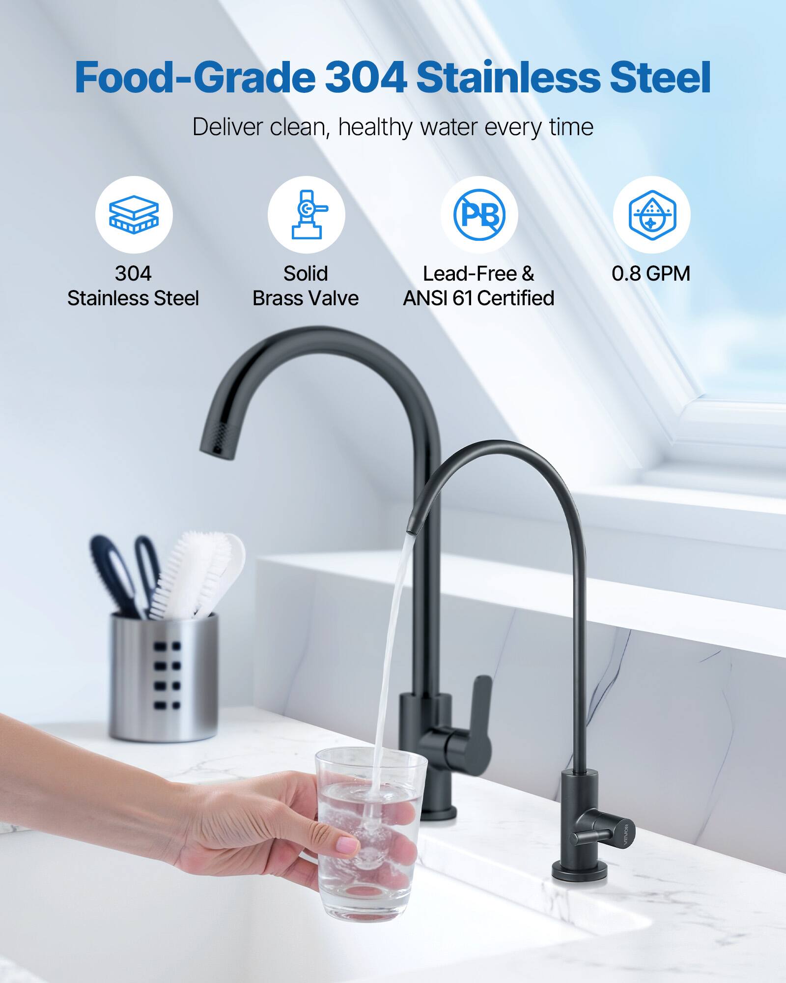 Food-Grade 304 Stainless Steel  
Deliver clean, healthy water every time  

- 304 Stainless Steel  
- Solid Brass Valve  
- Lead-Free & ANSI 61 Certified  
- 0.8 GPM