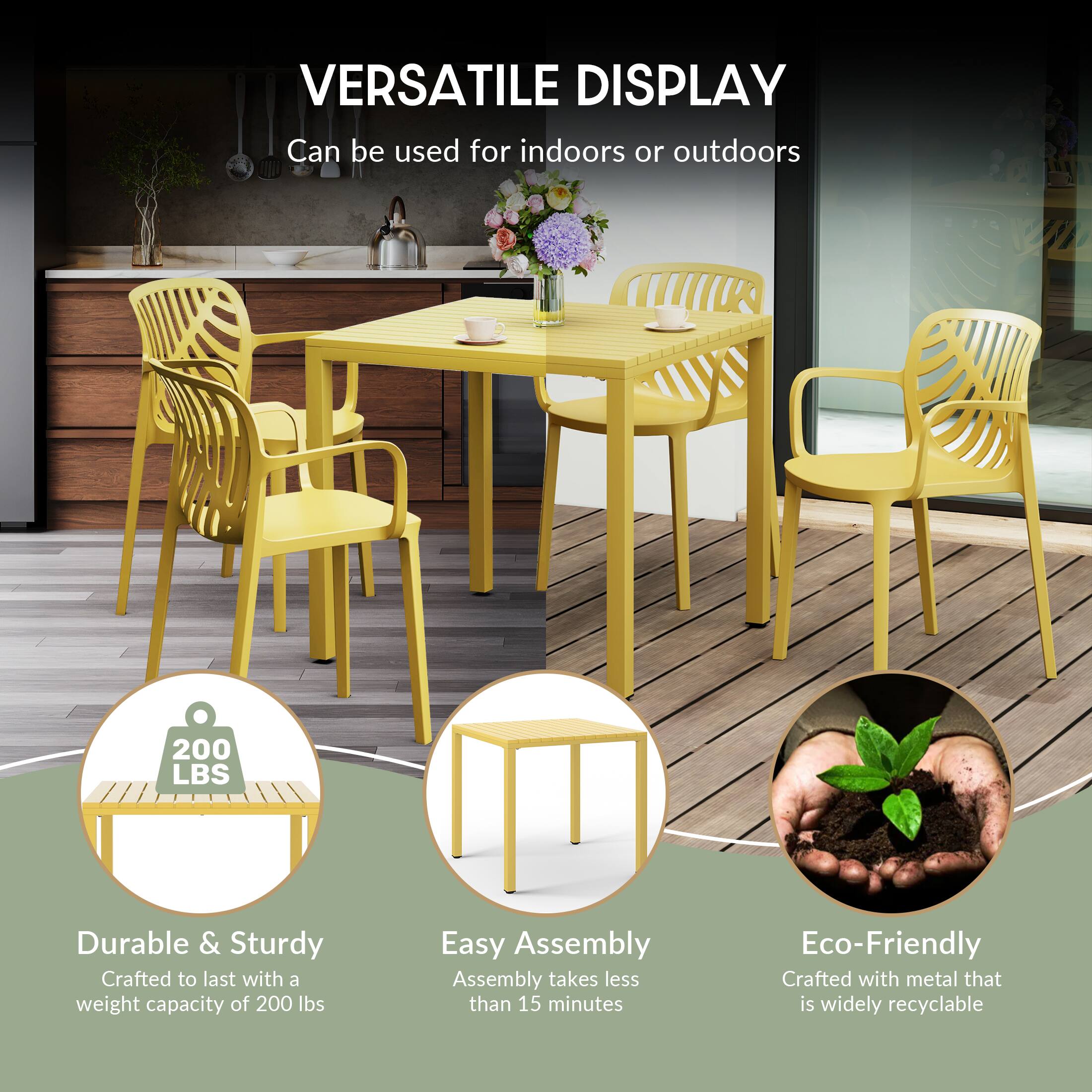 VERSATILE DISPLAY  
Can be used for indoors or outdoors  

200 LBS  
Durable & Sturdy  
Crafted to last with a weight capacity of 200 lbs  

Easy Assembly  
Assembly takes less than 15 minutes  

Eco-Friendly  
Crafted with metal that is widely recyclable
