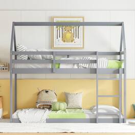 GOODSILO - House-Shaped Twin Over Twin Rubber Wood Bunk Bed with Ladder and Guardrails for Kids - Gray