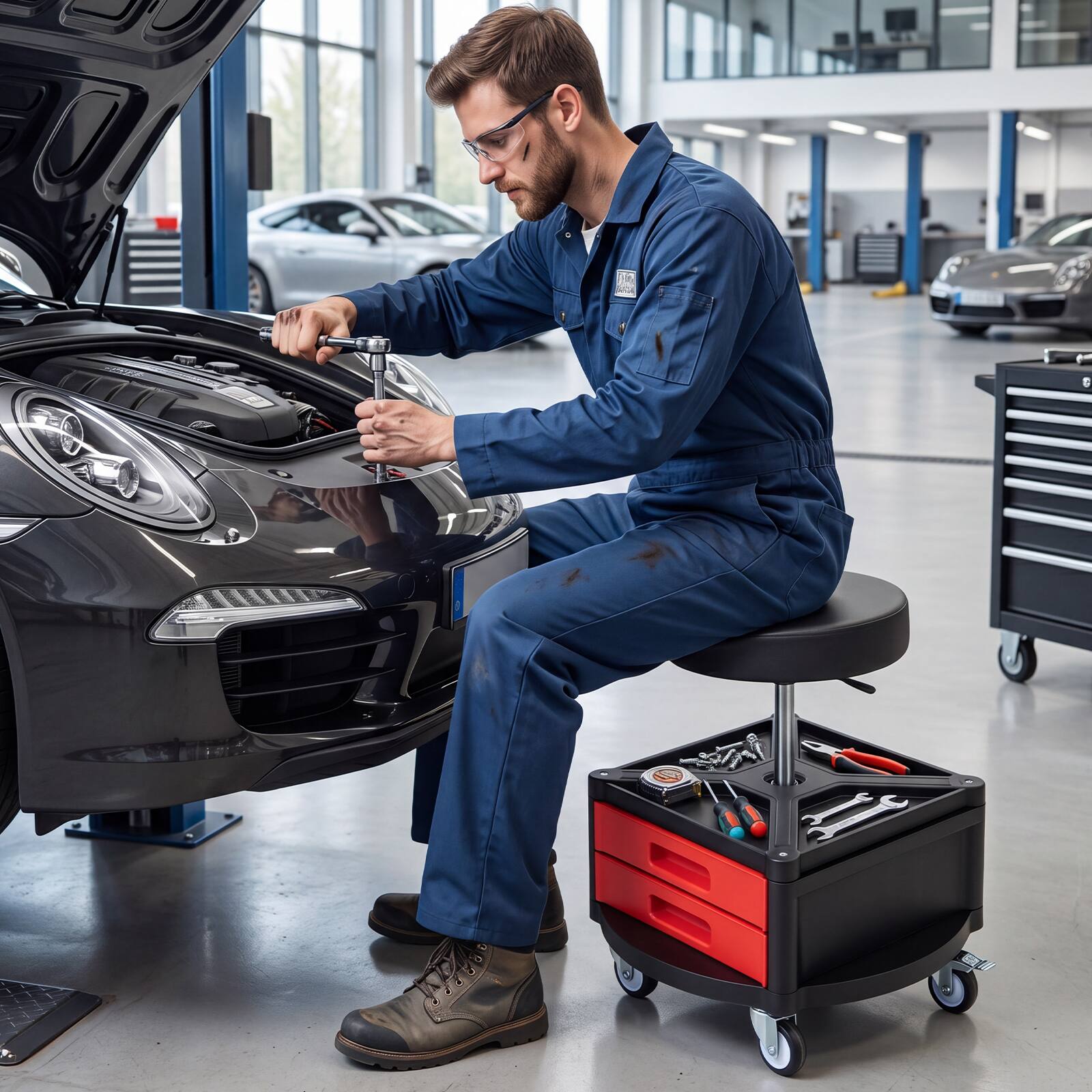 Alt View 1. Costway - Ironmax Rolling Mechanic Stool with Cushioned Seat Tool Tray 3 Drawers 5 Universal Wheels - Black and Red.