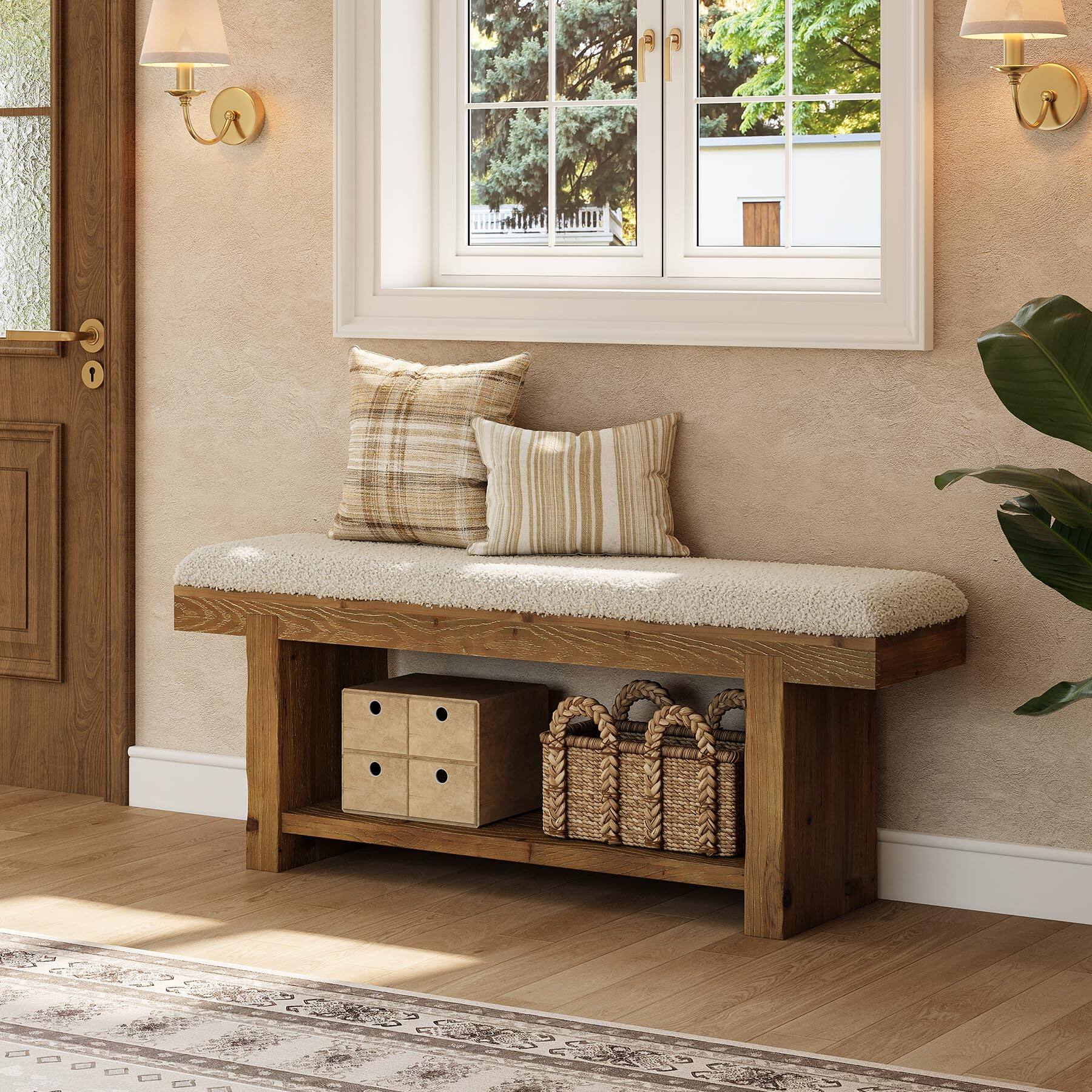 Alt View 3. Tribesigns - 47.2-Inch Solid Wood Entryway Bench, 2-Tier Farmhouse Upholstered Bedroom Bench with Storage Shelf, Narrow Bench for Bed - White & Brown.