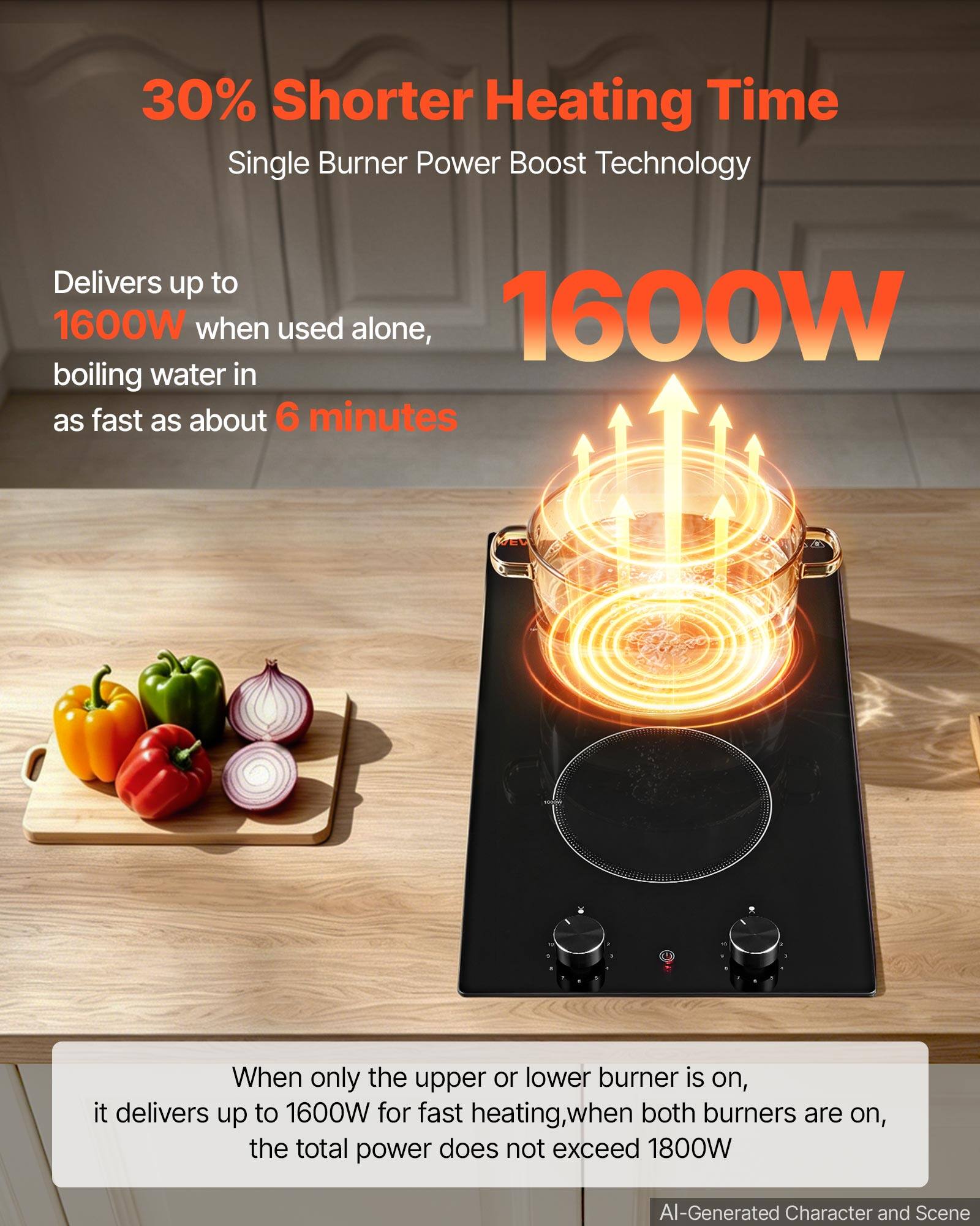 30% Shorter Heating Time  
Single Burner Power Boost Technology  

Delivers up to 1600W when used alone, boiling water in as fast as about 6 minutes  

When only the upper or lower burner is on, it delivers up to 1600W for fast heating, when both burners are on, the total power does not exceed 1800W  

AI-Generated Character and Scene