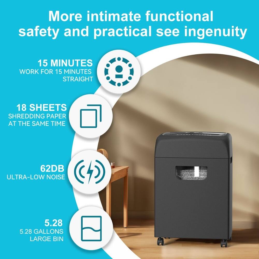More intimate functional safety and practical see ingenuity

15 MINUTES WORK FOR 15 MINUTES STRAIGHT

18 SHEETS SHREDDING PAPER AT THE SAME TIME

62DB ULTRA-LOW NOISE

5.28 GALLONS LARGE BIN