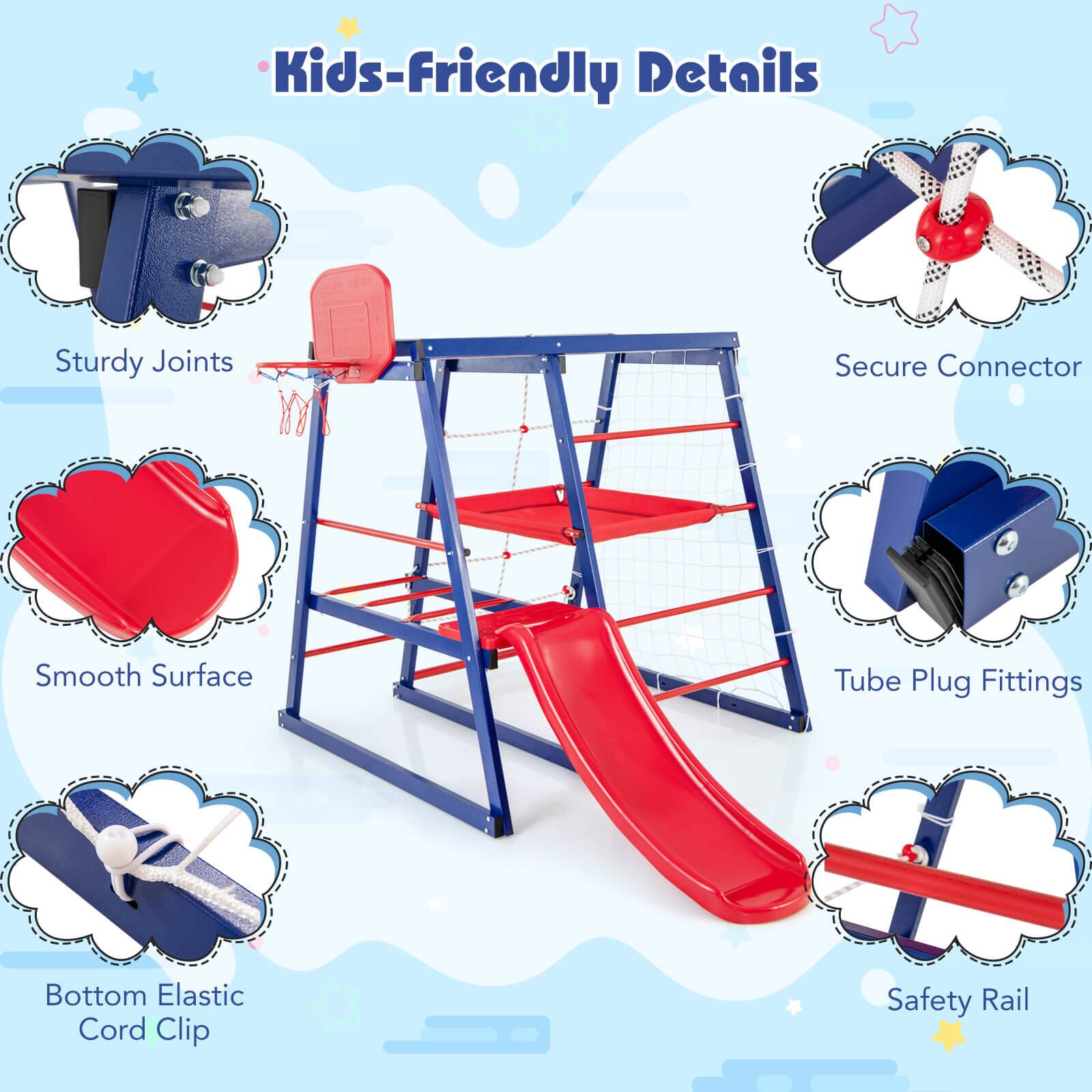 Kids-Friendly Details

- Sturdy Joints
- Smooth Surface
- Secure Connector
- Tube Plug Fittings
- Bottom Elastic Cord Clip
- Safety Rail