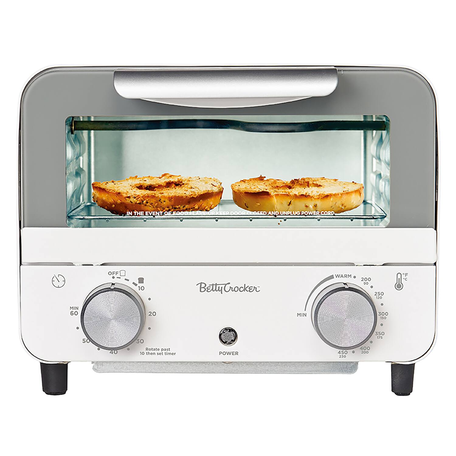 IN THE EVENT OF FOODFLAME, KEEP DOOR CLOSED AND UNPLUG POWER CORD.  
Betty Crocker  
WARM 200  
DO 250  
130 F  
MIN 0  
20 MIN  
300  
150  
50  
NO  
Rotate past 10 then set timer  
POWER  
450  
210  
350  
DS  
400  
200