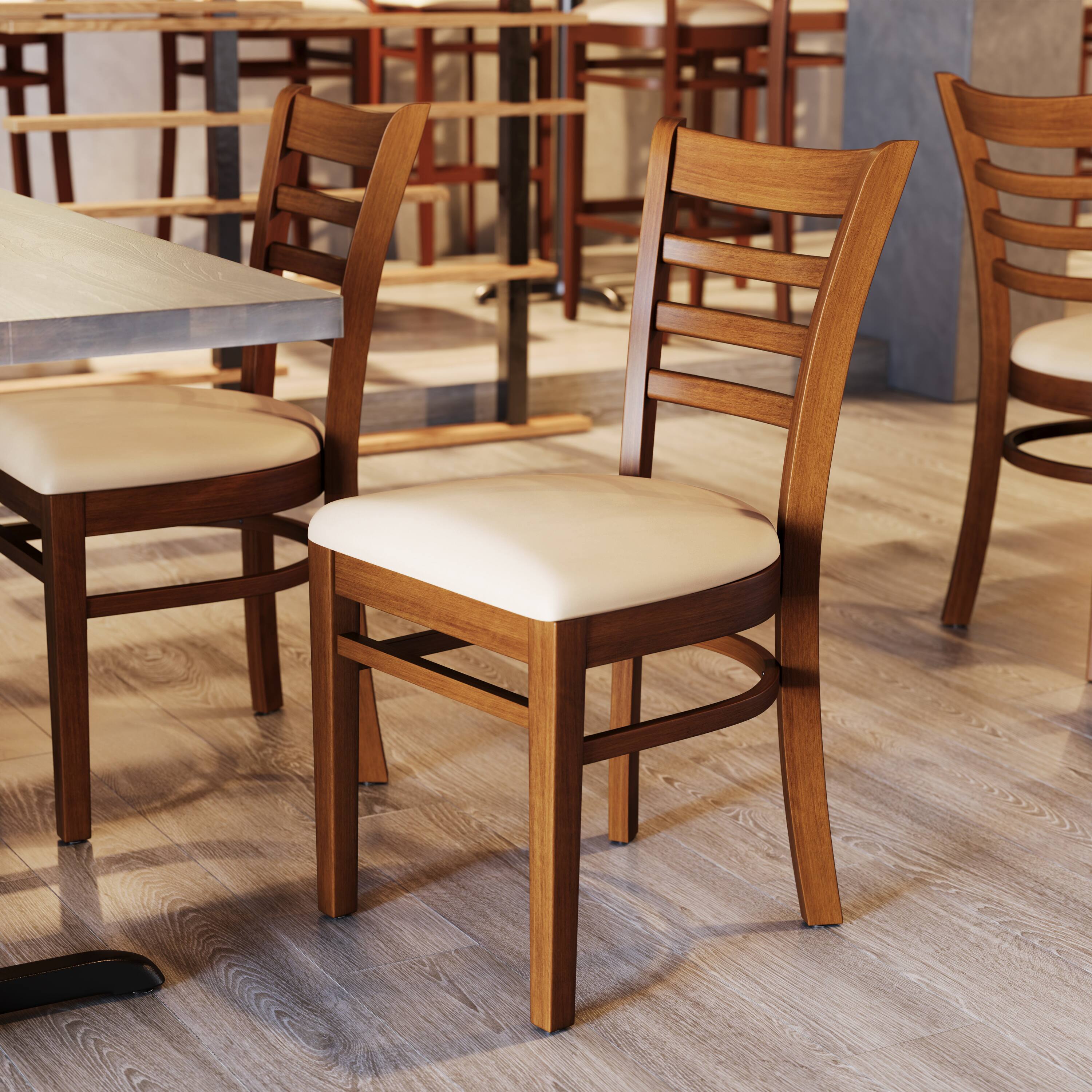 Alt View 4. Emma + Oliver - Ladder Back Wooden Restaurant Dining Chair - Tan Vinyl Seat/Cherry Wood Frame.