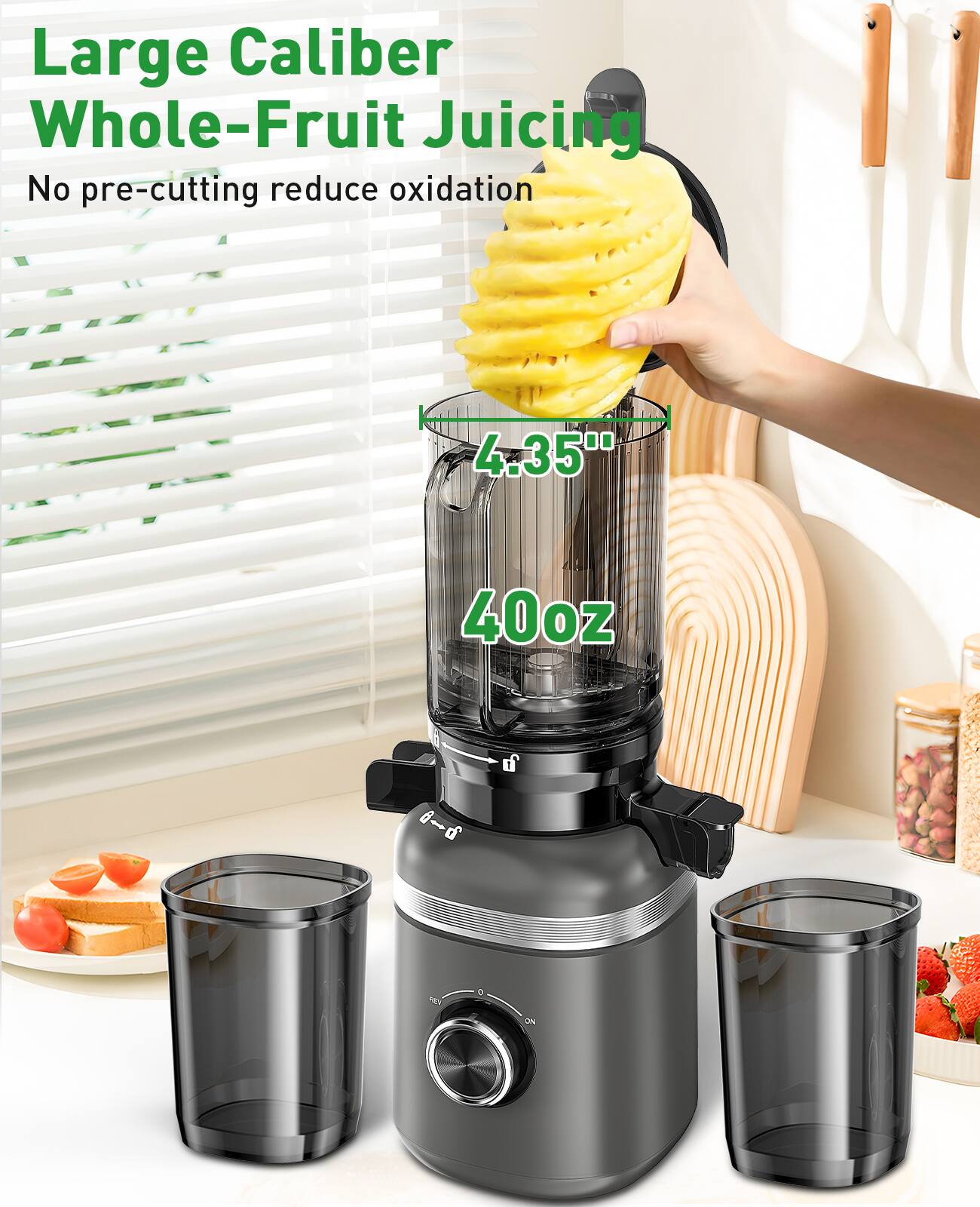 Large Caliber Whole-Fruit Juicing, No pre-cutting reduce oxidation, 4.35", 40oz