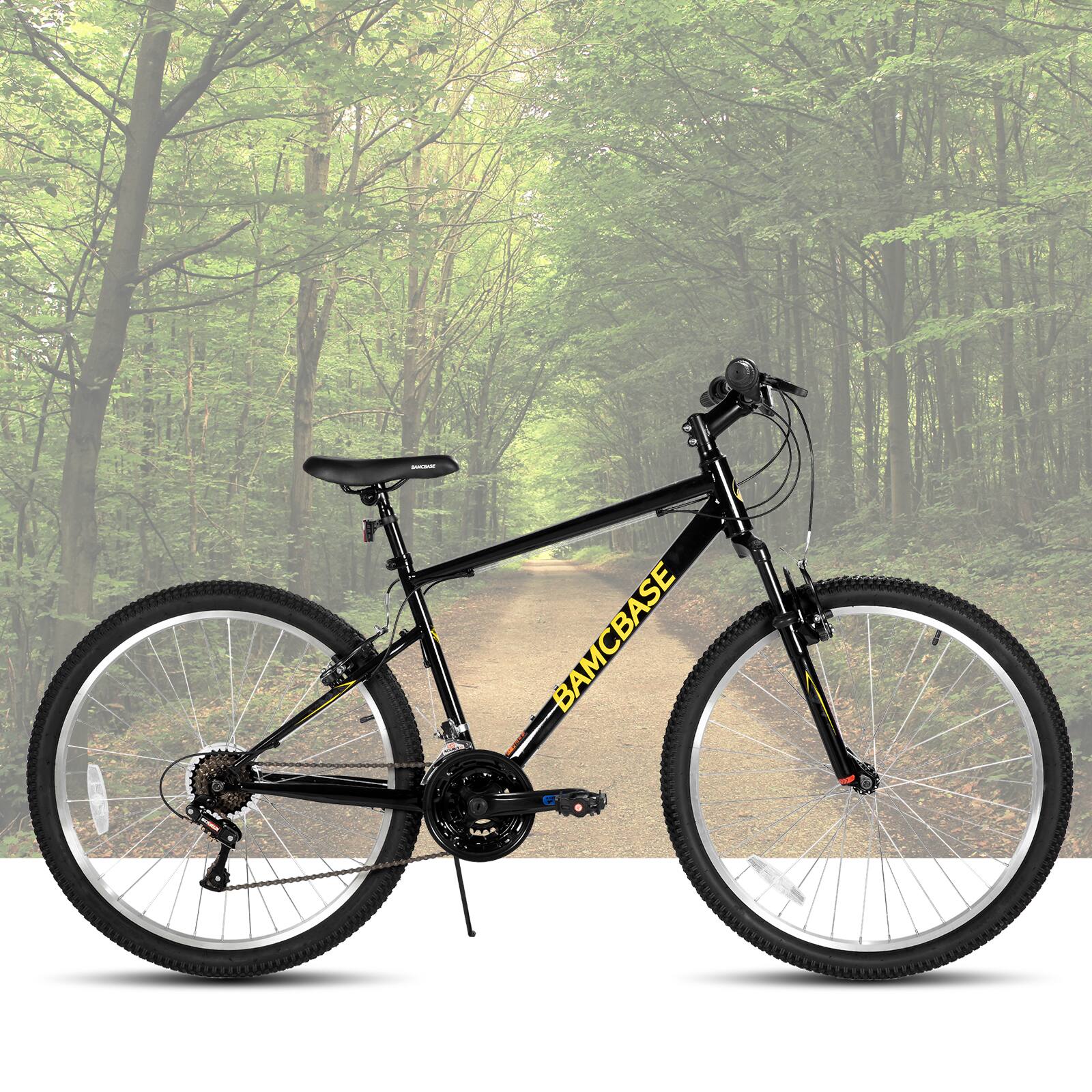 Angle. HILAND - BAMCBASE Agave 27.5 inch Mountain Bike with Hi-Ten Steel Frame, Front Suspension Fork, 18 Speed MTB for Adult Men, Black - black.
