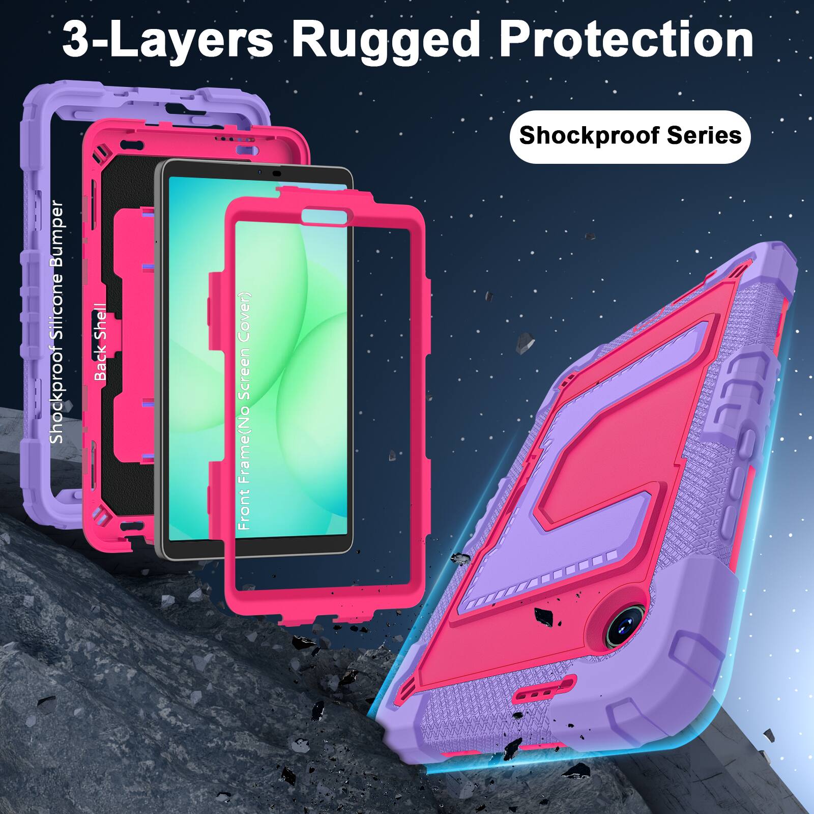 3-Layers Rugged Protection  
Shockproof Series  

- Shockproof Silicone Bumper  
- Back Shell  
- Front Frame (No Screen Cover)