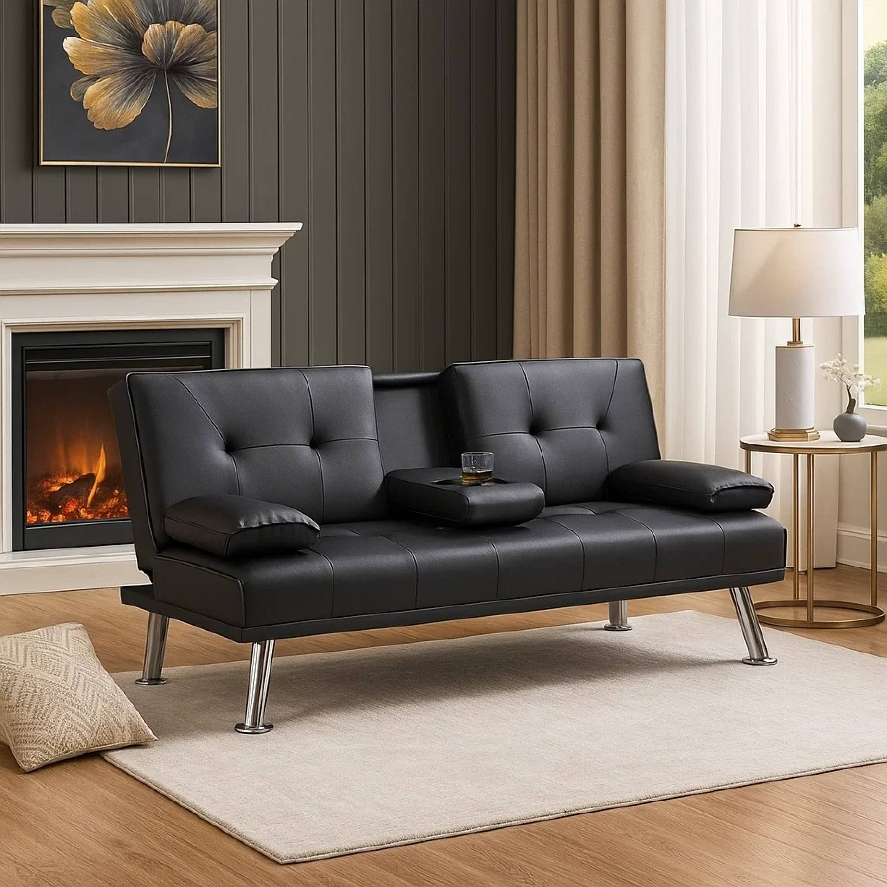 Alt View 6. Manhattan Lane - Gary Convertible Sofa with Fold-Down Table, Metal, Faux Leather - Black, Chrome.