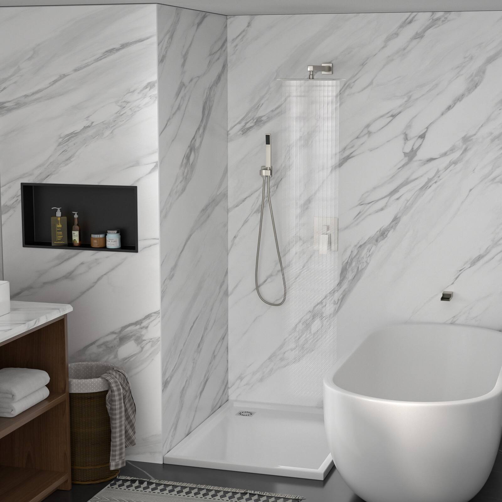 Angle. Lordear - Shower System with Waterfall Tub Spout,12 Inch Wall Mounted Square Shower System with Rough-in Valve,Brushed Nickel - Brushed Nickel.