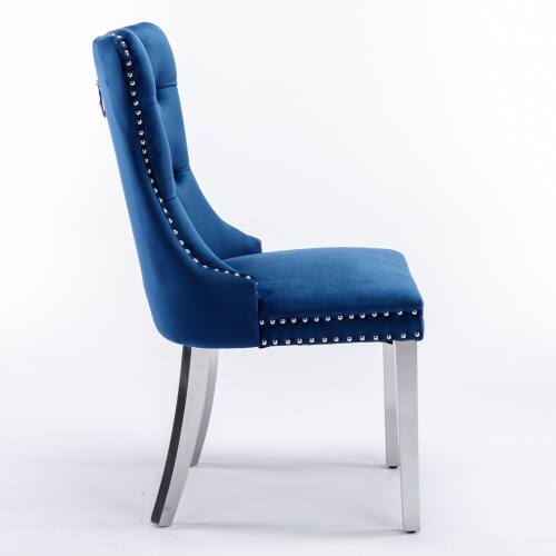 Back. LUCKY ONE - Assembled Tufted Velvet Dining Chair Set of 2 with Chrome Stainless Steel Legs Nailhead Trim - Blue.