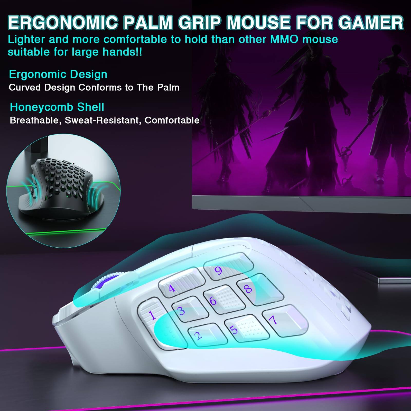 ERGONOMIC PALM GRIP MOUSE FOR GAMER  
Lighter and more comfortable to hold than other MMO mouse suitable for large hands!!  

Ergonomic Design  
Curved Design Conforms to The Palm  

Honeycomb Shell  
Breathable, Sweat-Resistant, Comfortable