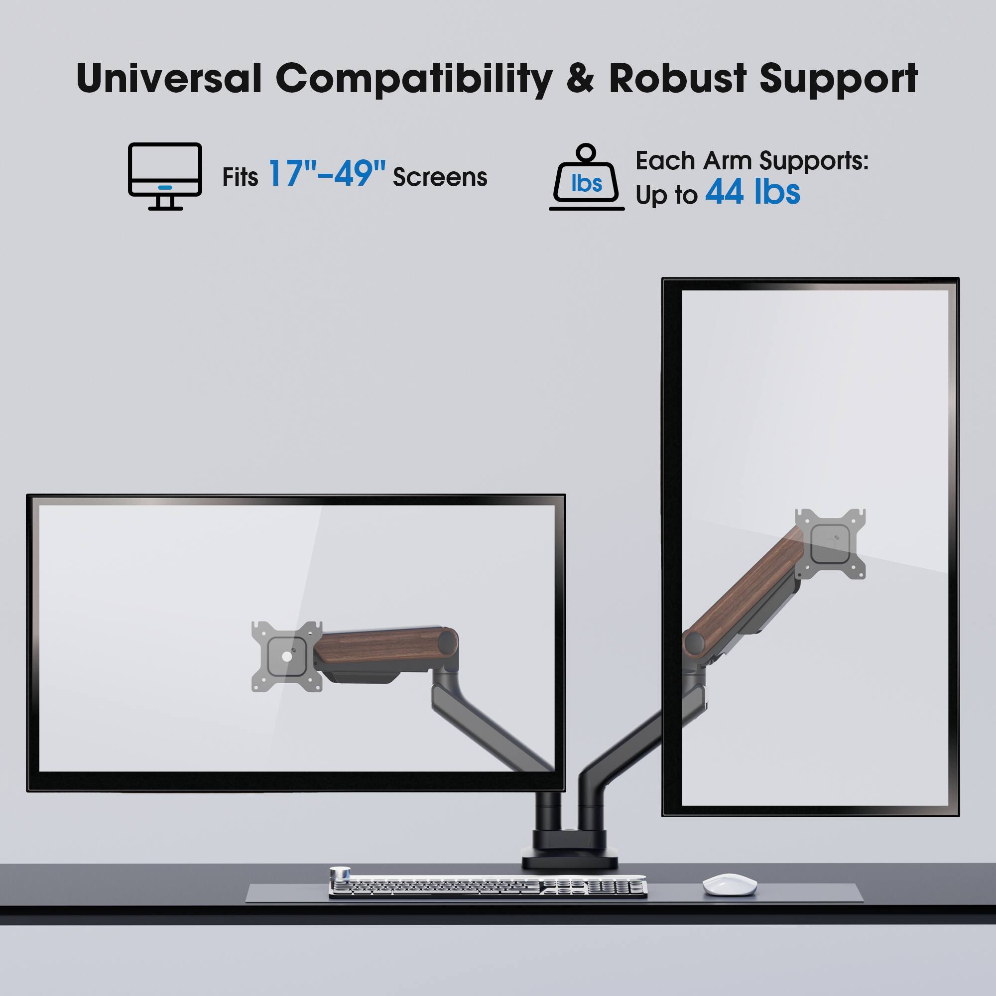 Universal Compatibility & Robust Support  
Fits 17"-49" Screens  
Each Arm Supports: Up to 44 lbs