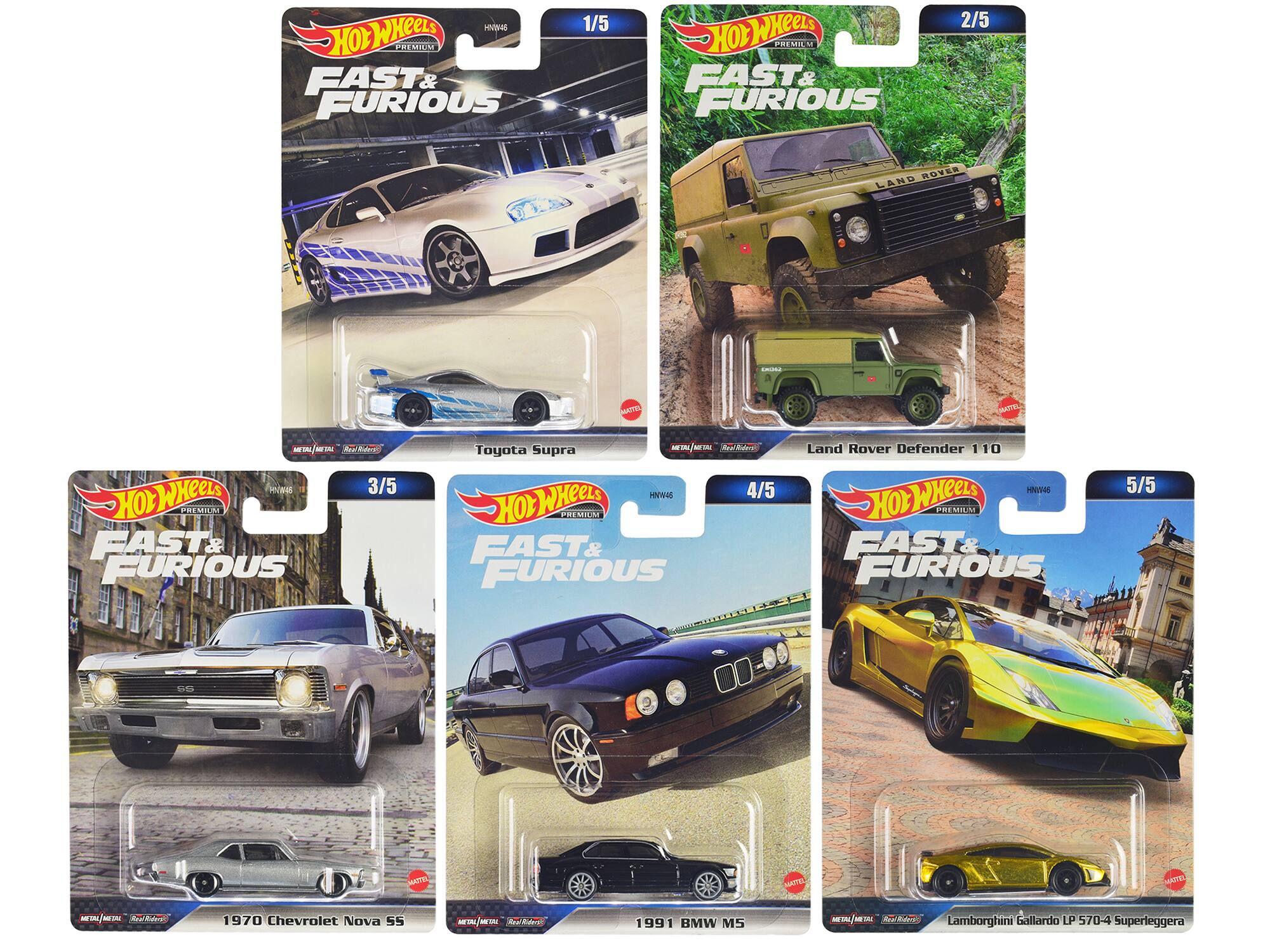 Sure, here is the corrected and grouped text from the image:

---

**1/5**  
Hot Wheels Premium  
FAST & FURIOUS  
Toyota Supra  
HNV46

**2/5**  
Hot Wheels Premium  
FAST & FURIOUS  
Land Rover Defender 110  
HNV46

**3/5**  
Hot Wheels Premium  
FAST & FURIOUS  
1970 Chevrolet Nova SS  
HNV46

**4/5**  
Hot Wheels Premium  
FAST & FURIOUS  
1991 BMW M5  
HNV46

**5/5**  
Hot Wheels Premium  
FAST & FURIOUS  
Lamborghini Gallardo LP 570-4 Superleggera  
HNV46

---

This text is organized by the sequence of the cars in the image.