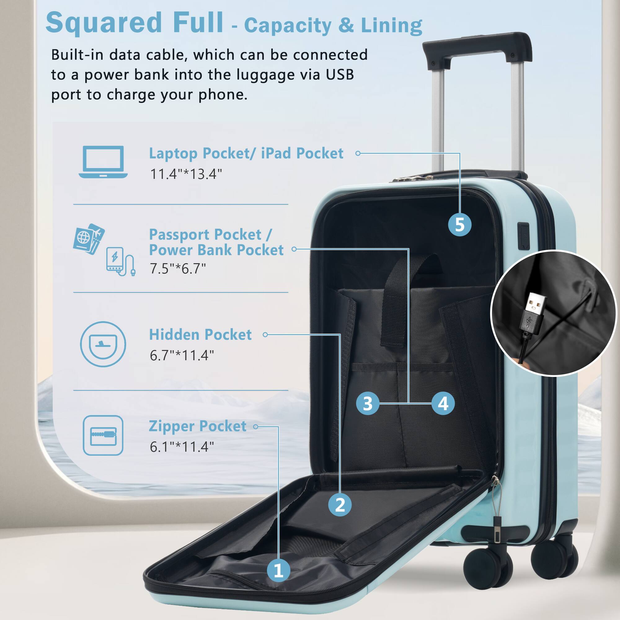 Squared Full - Capacity & Lining

Built-in data cable, which can be connected to a power bank into the luggage via USB port to charge your phone.

- Laptop Pocket / iPad Pocket: 11.4" x 13.4"
- Passport Pocket / Power Bank Pocket: 7.5" x 6.7"
- Hidden Pocket: 6.7" x 11.4"
- Zipper Pocket: 6.1" x 11.4"