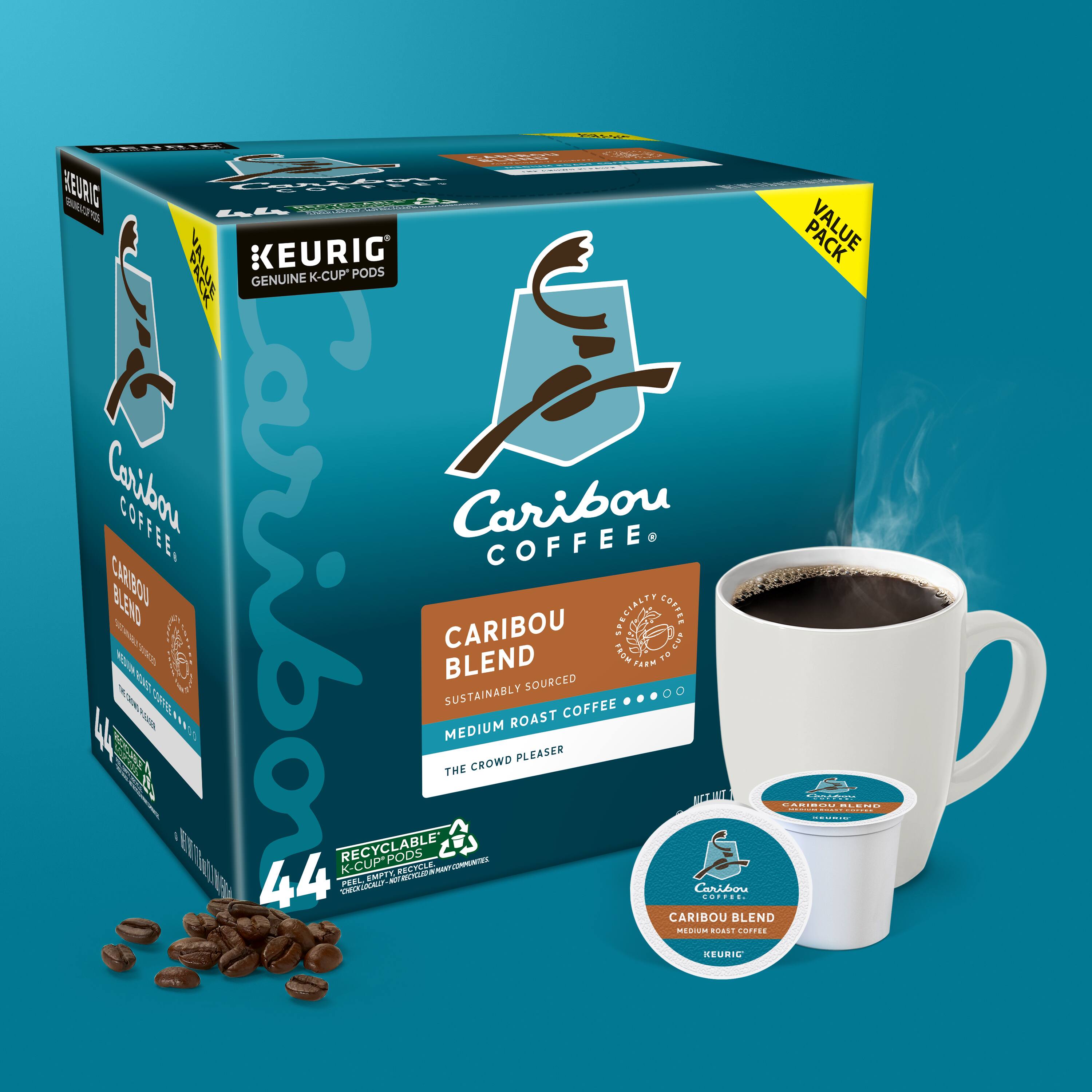 Keurig Caribou Coffee Caribou Blend K-Cup Pods, 44 count box, medium roast, sustainably sourced coffee, recyclable.