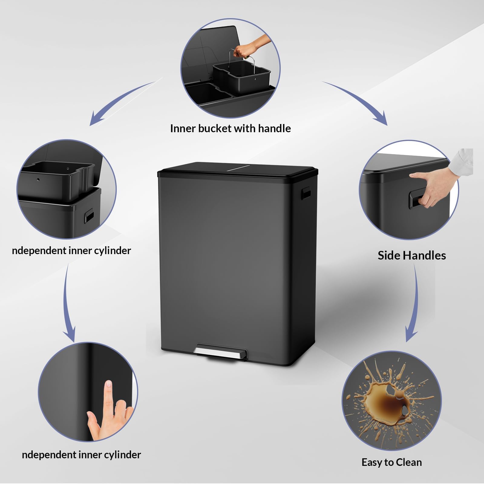 - Inner bucket with handle
- Independent inner cylinder
- Side Handles
- Easy to Clean