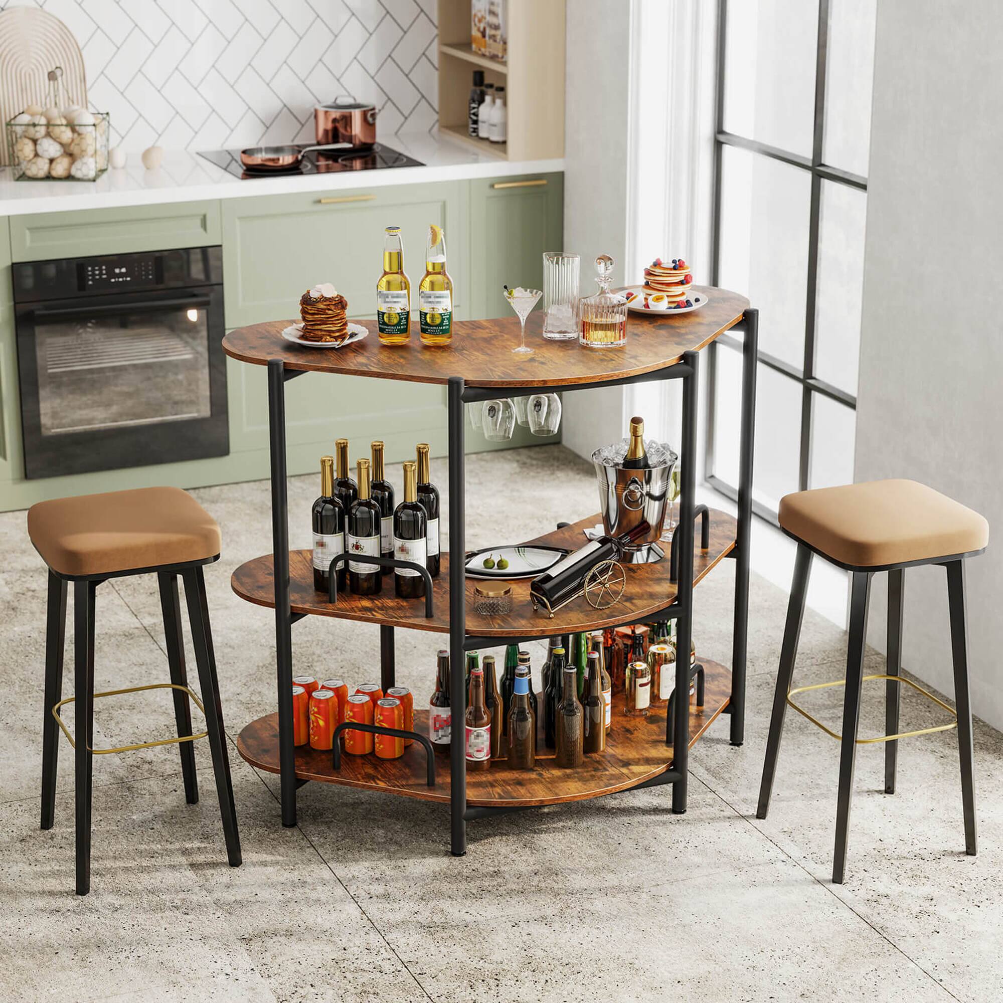 Alt View 3. Costway - Costway 3-Tier Home Bar Unit with Stemware Racks & Storage Shelves with Metal Frame Brown - Brown.