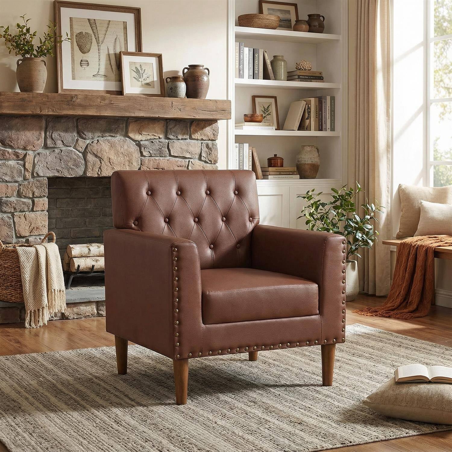 Front. Pefilos - Mid Century Modern Accent Chair, Faux Leather Button Tufted Rivet Decor - Brown.