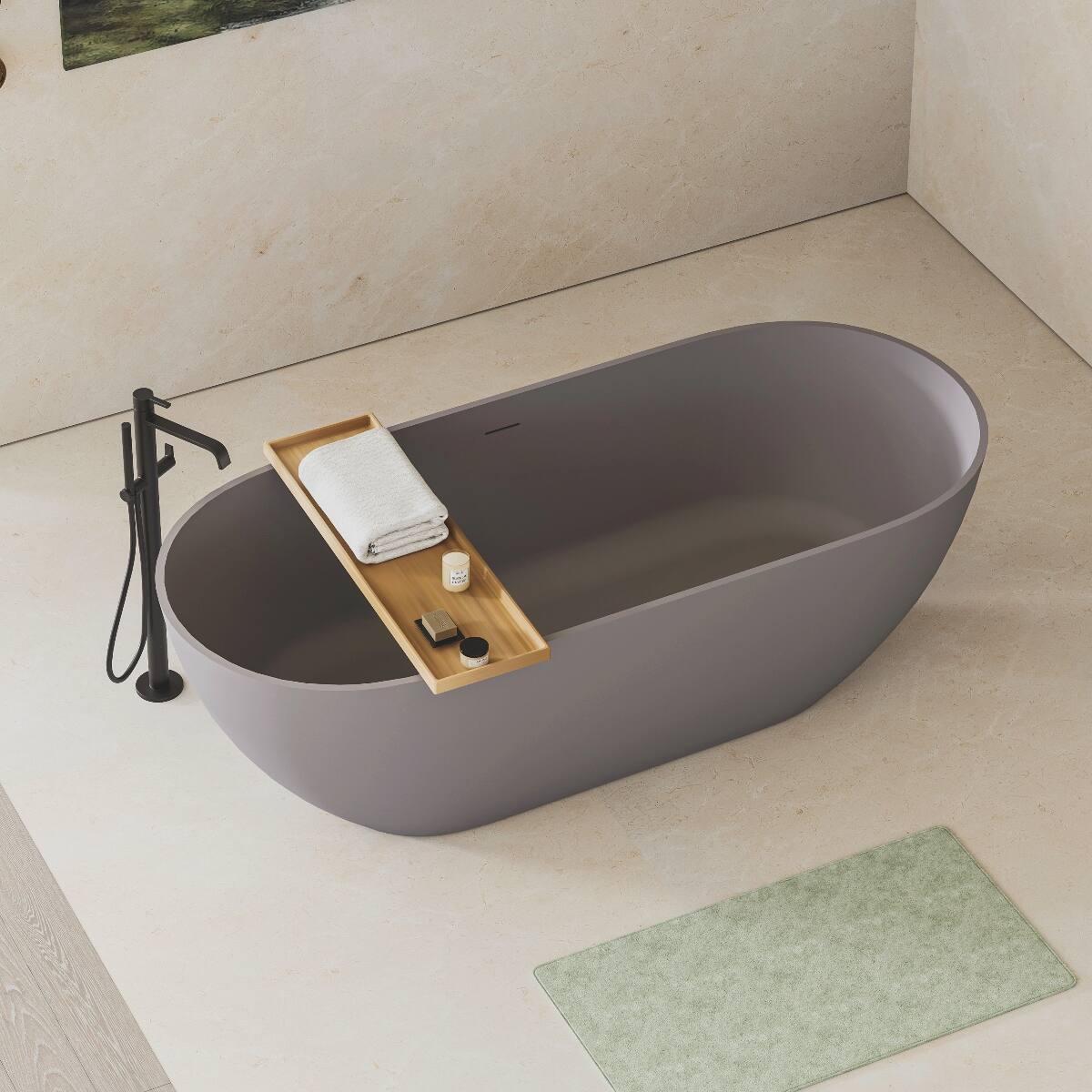 Alt View 4. Loheer - Loheer 63 in Solid Surface Freestanding Soaking Bathtub with Overflow and Pop Up Drain Matte Gray - Matte Gray.