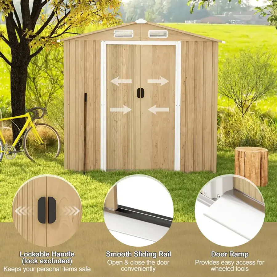 The image features a wooden shed with a lockable handle, a smooth sliding rail, and a door ramp. These features provide convenience and security for the user. The lockable handle ensures that personal items are kept safe, while the smooth sliding rail allows for easy access to the shed. The door ramp provides easy access for wheeled tools, making it a practical and functional addition to the shed.