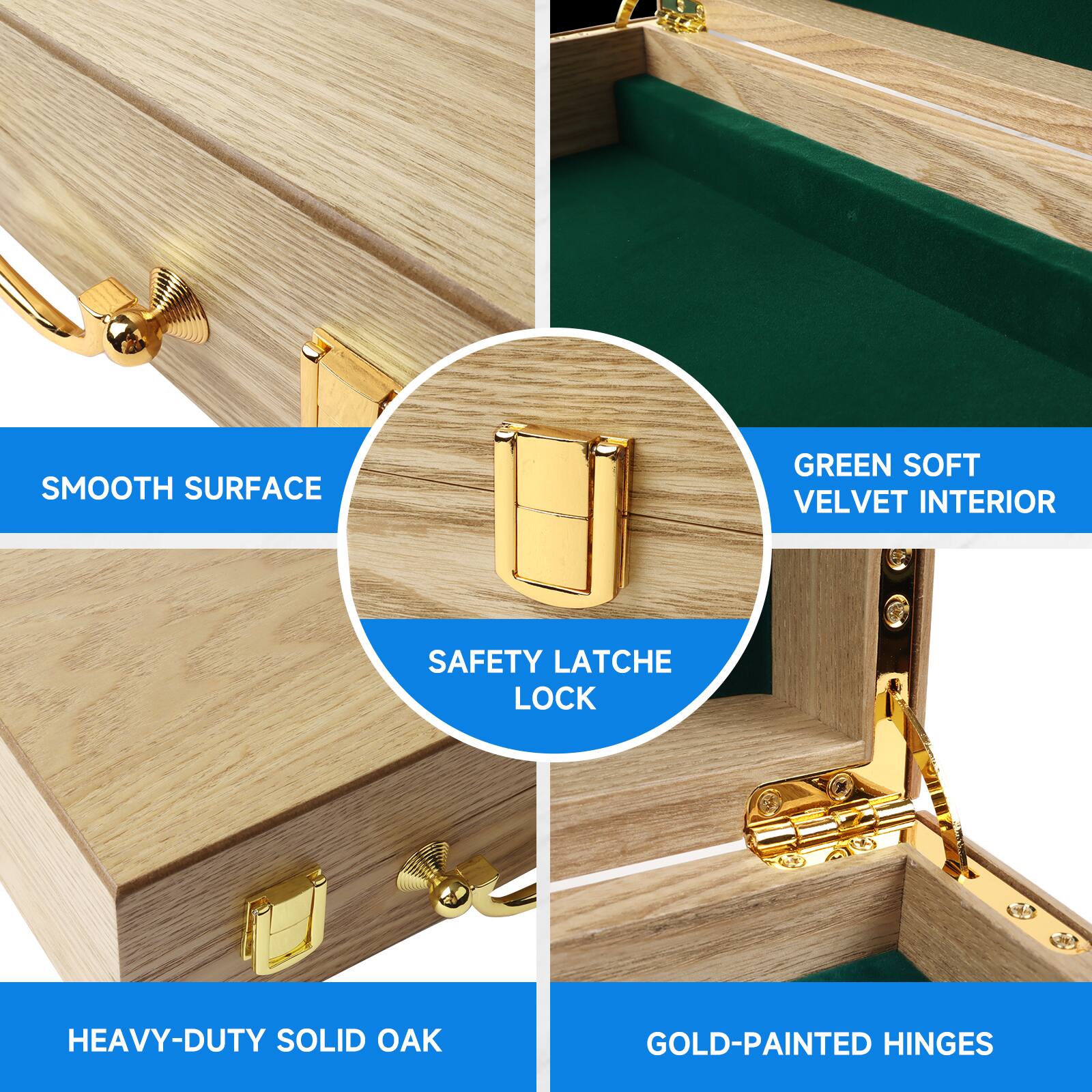 SMOOTH SURFACE, HEAVY-DUTY SOLID OAK, GOLD-PAINTED HINGES, SAFETY LATCHE LOCK, GREEN SOFT VELVET INTERIOR