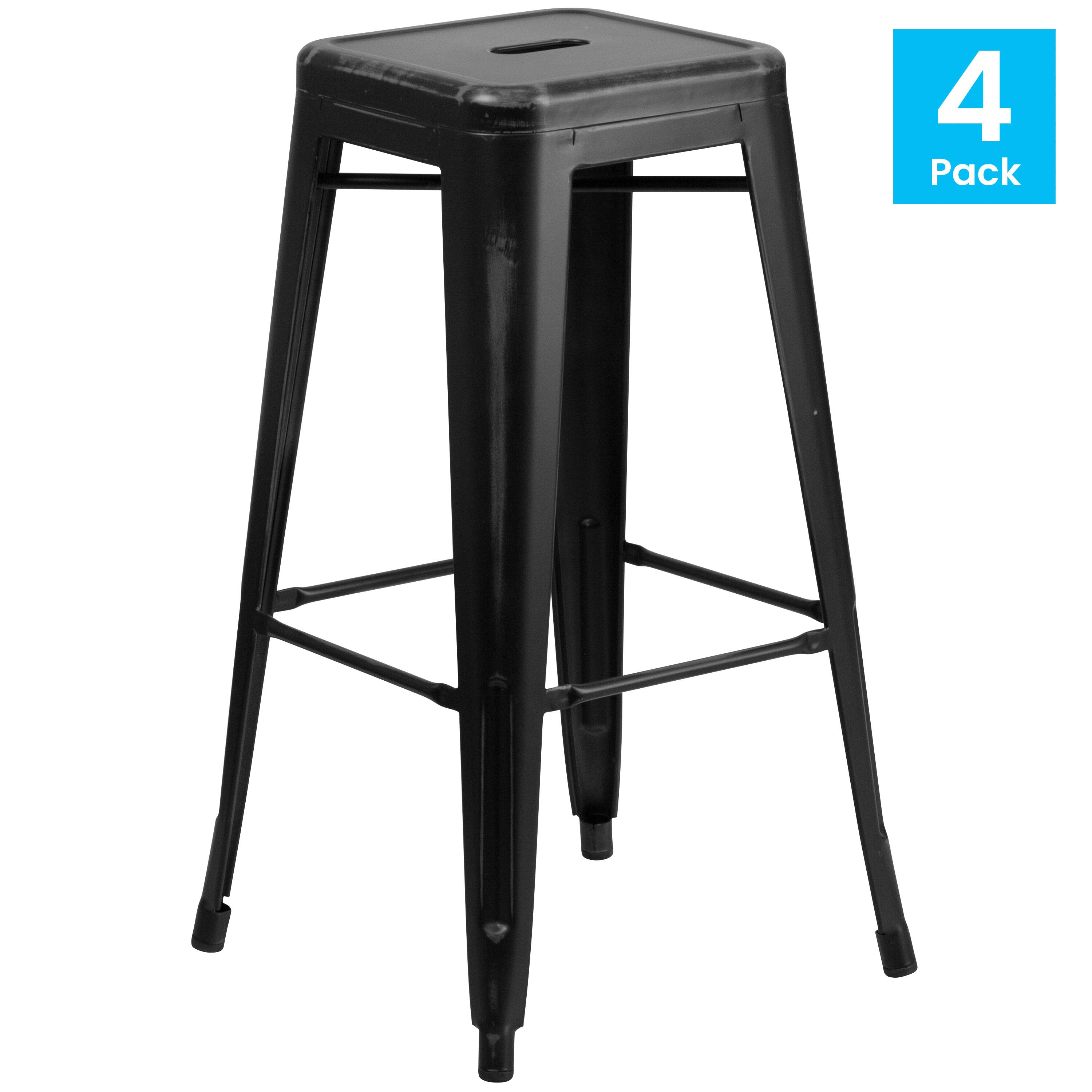 Alt View 1. Emma + Oliver - Commercial Grade 4 Pack 30" High Backless Distressed Metal Indoor-Outdoor Barstool - Black.
